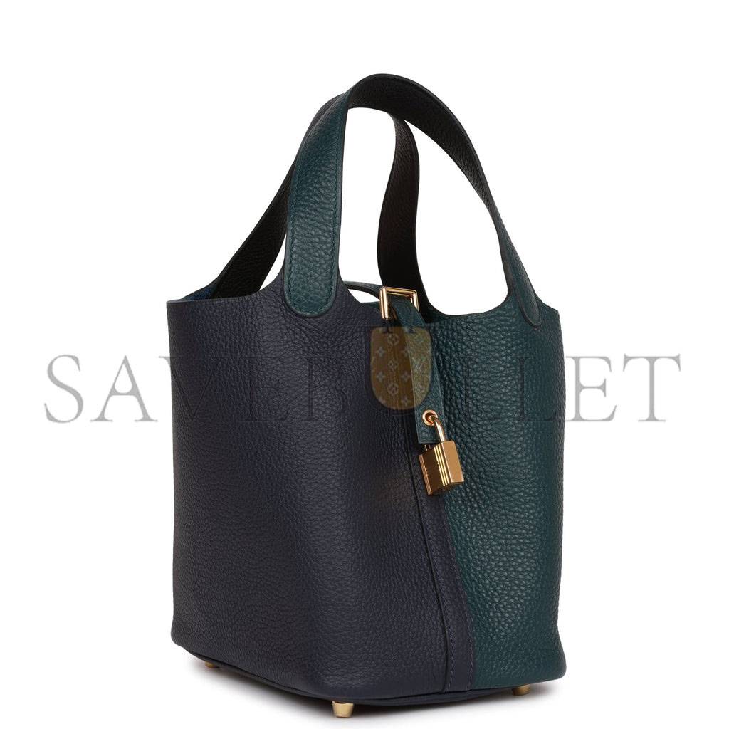 HERMES PICOTIN LOCK 18 CASAQUE VERT CYPRESS, BLEU NUIT AND BLACK CLEMENCE GOLD HARDWARE(18*13*18cm) HERMES PICOTIN LOCK 18 CASAQUE VERT CYPRESS, BLEU NUIT AND BLACK CLEMENCE GOLD HARDWARE(18*13*18cm)