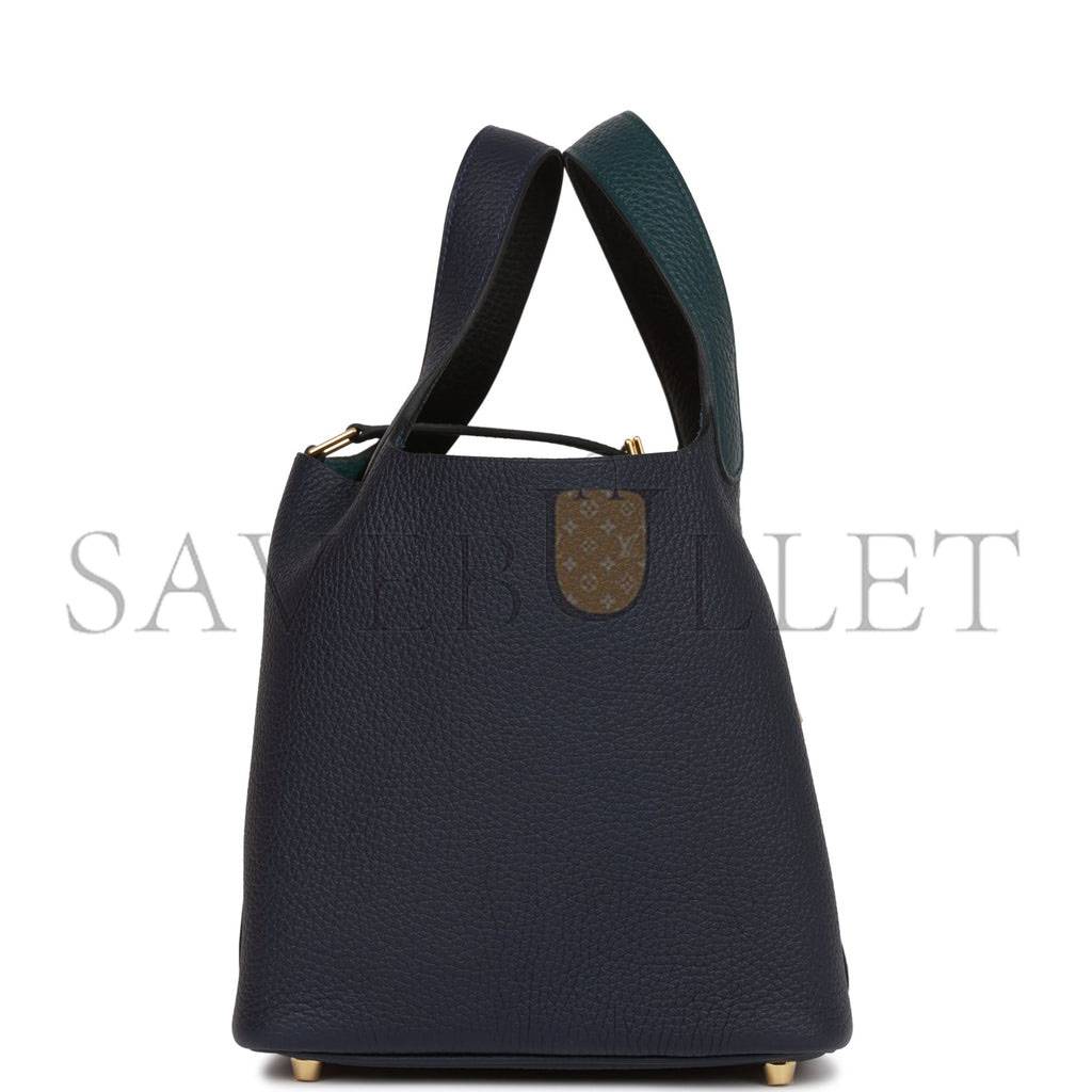HERMES PICOTIN LOCK 18 CASAQUE VERT CYPRESS, BLEU NUIT AND BLACK CLEMENCE GOLD HARDWARE(18*13*18cm) HERMES PICOTIN LOCK 18 CASAQUE VERT CYPRESS, BLEU NUIT AND BLACK CLEMENCE GOLD HARDWARE(18*13*18cm)