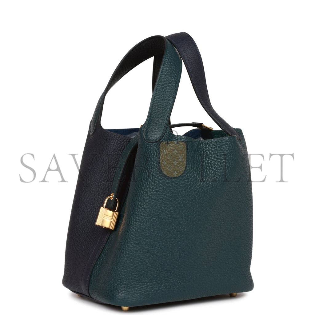 HERMES PICOTIN LOCK 18 CASAQUE VERT CYPRESS, BLEU NUIT AND BLACK CLEMENCE GOLD HARDWARE(18*13*18cm) HERMES PICOTIN LOCK 18 CASAQUE VERT CYPRESS, BLEU NUIT AND BLACK CLEMENCE GOLD HARDWARE(18*13*18cm)