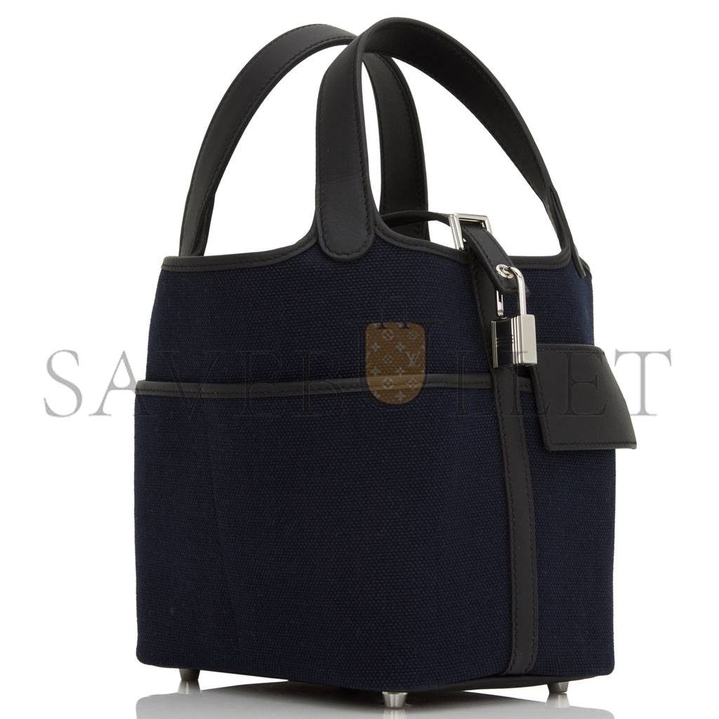 HERMES PICOTIN CARGO 18 BLEU MARINE AND BLACK SWIFT AND TOILE CANVAS PALLADIUM HARDWAR(18*13*18cm) HERMES PICOTIN CARGO 18 BLEU MARINE AND BLACK SWIFT AND TOILE CANVAS PALLADIUM HARDWAR(18*13*18cm)