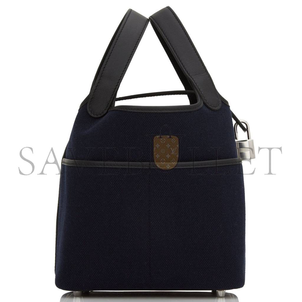 HERMES PICOTIN CARGO 18 BLEU MARINE AND BLACK SWIFT AND TOILE CANVAS PALLADIUM HARDWAR(18*13*18cm) HERMES PICOTIN CARGO 18 BLEU MARINE AND BLACK SWIFT AND TOILE CANVAS PALLADIUM HARDWAR(18*13*18cm)