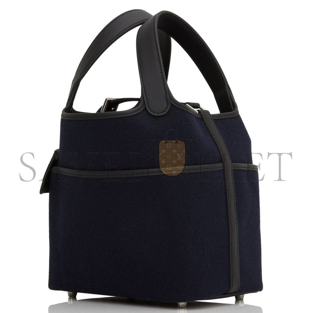 HERMES PICOTIN CARGO 18 BLEU MARINE AND BLACK SWIFT AND TOILE CANVAS PALLADIUM HARDWAR(18*13*18cm) HERMES PICOTIN CARGO 18 BLEU MARINE AND BLACK SWIFT AND TOILE CANVAS PALLADIUM HARDWAR(18*13*18cm)