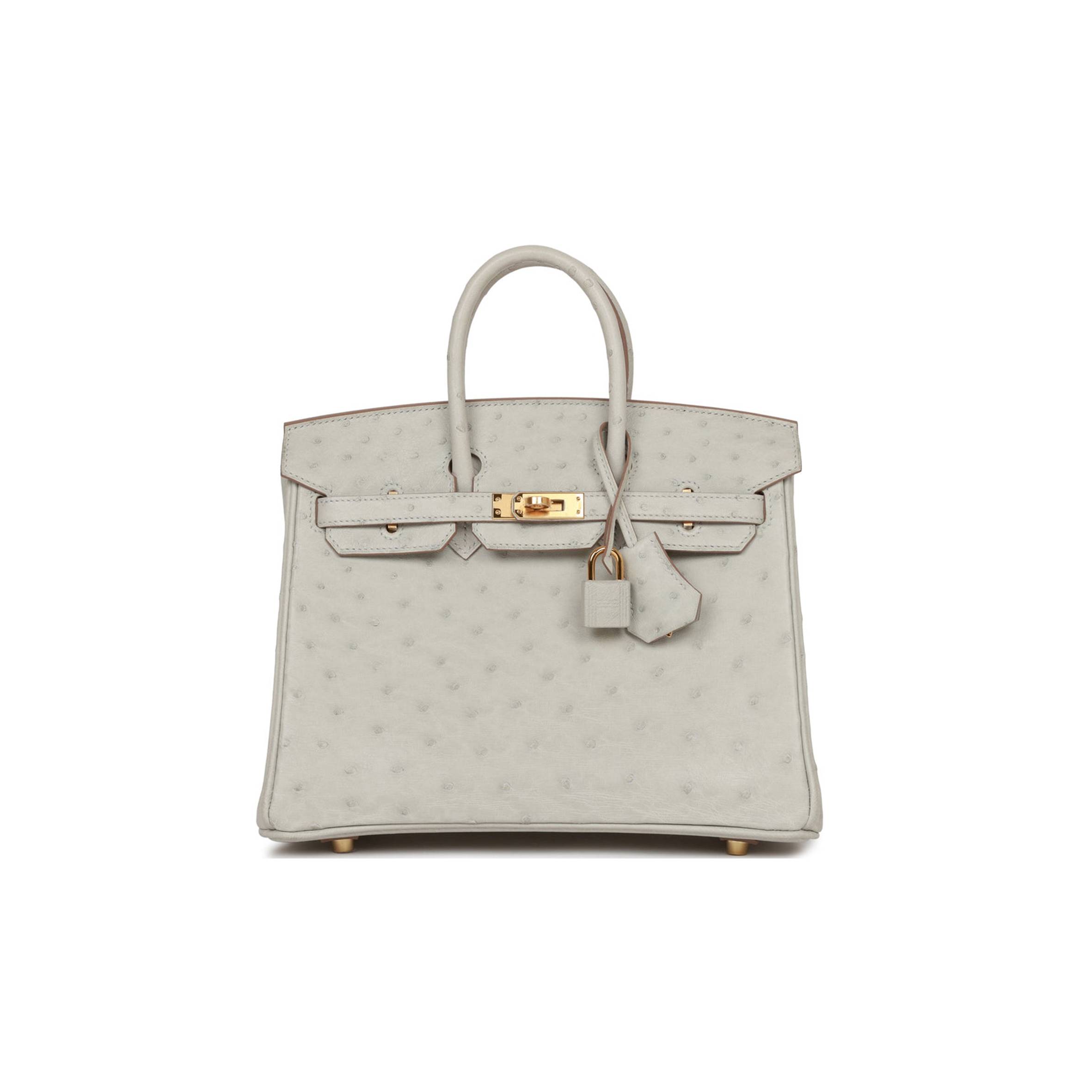 HERMES BIRKIN 25 GRIS PERLE OSTRICH GOLD HARDWARE HANDMADE (25cm) HERMES BIRKIN 25 GRIS PERLE OSTRICH GOLD HARDWARE HANDMADE (25cm)