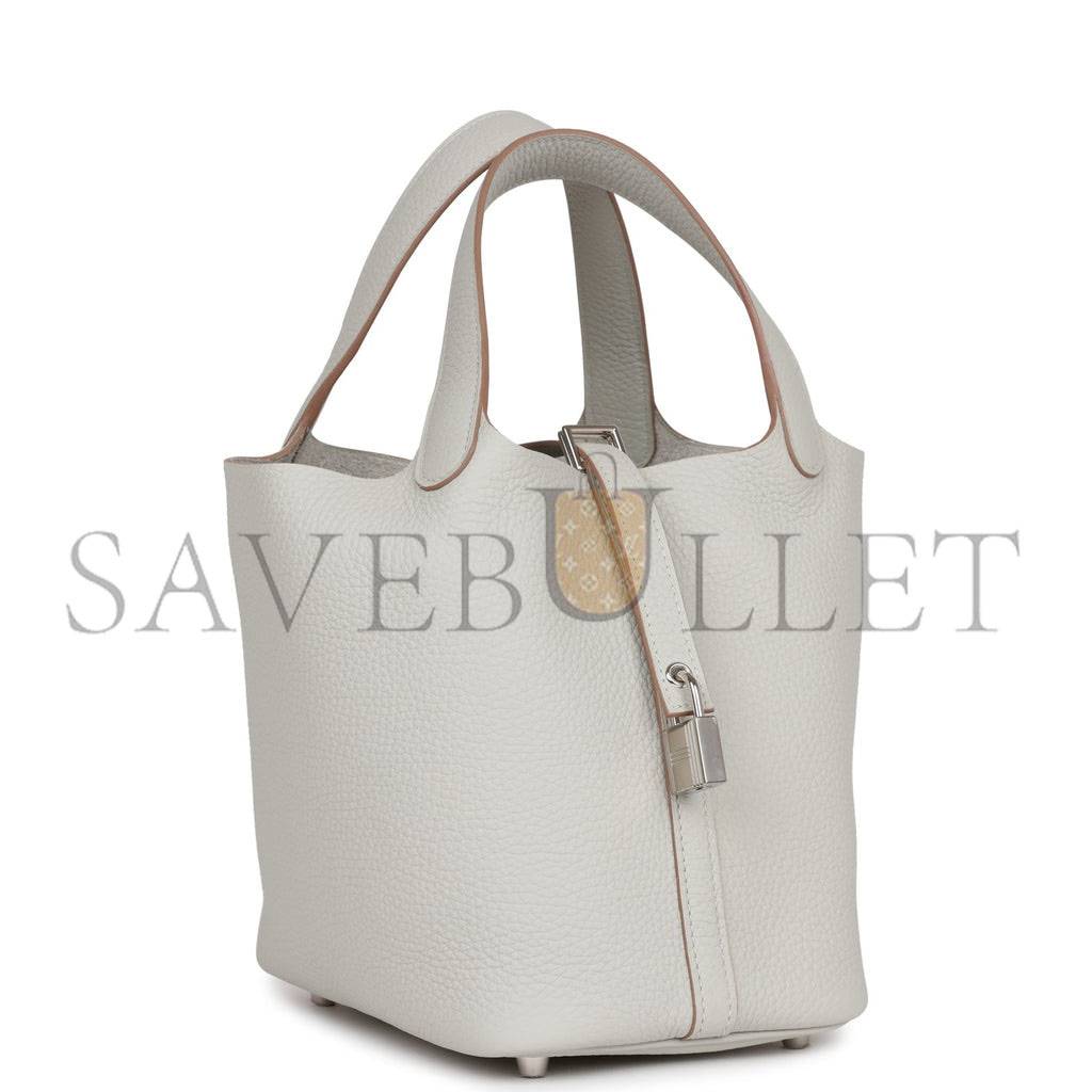 HERMES PICOTIN LOCK 18 GRIS PERLE CLEMENCE PALLADIUM HARDWARE (18*13*18cm)