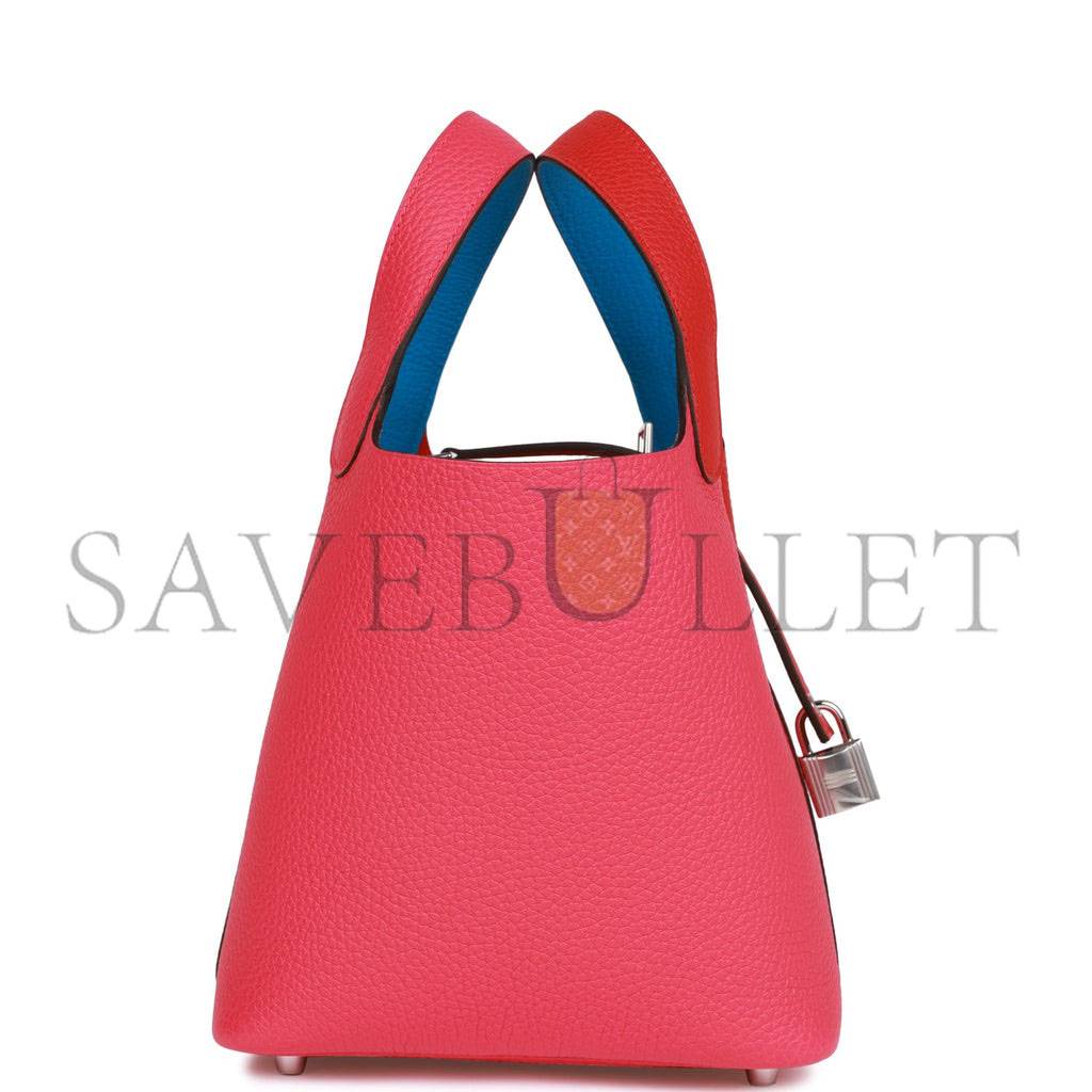 HERMES PICOTIN LOCK 18 CASAQUE ROUGE DE COEUR, ROSE EXTREME AND BLEU ZANZIBAR CLEMENCE PALLADIUM HARDWARE (18*13*18cm) HERMES PICOTIN LOCK 18 CASAQUE ROUGE DE COEUR, ROSE EXTREME AND BLEU ZANZIBAR CLEMENCE PALLADIUM HARDWARE (18*13*18cm)