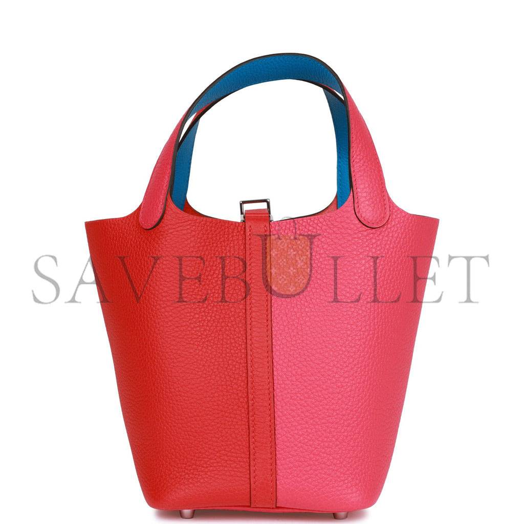 HERMES PICOTIN LOCK 18 CASAQUE ROUGE DE COEUR, ROSE EXTREME AND BLEU ZANZIBAR CLEMENCE PALLADIUM HARDWARE (18*13*18cm) HERMES PICOTIN LOCK 18 CASAQUE ROUGE DE COEUR, ROSE EXTREME AND BLEU ZANZIBAR CLEMENCE PALLADIUM HARDWARE (18*13*18cm)
