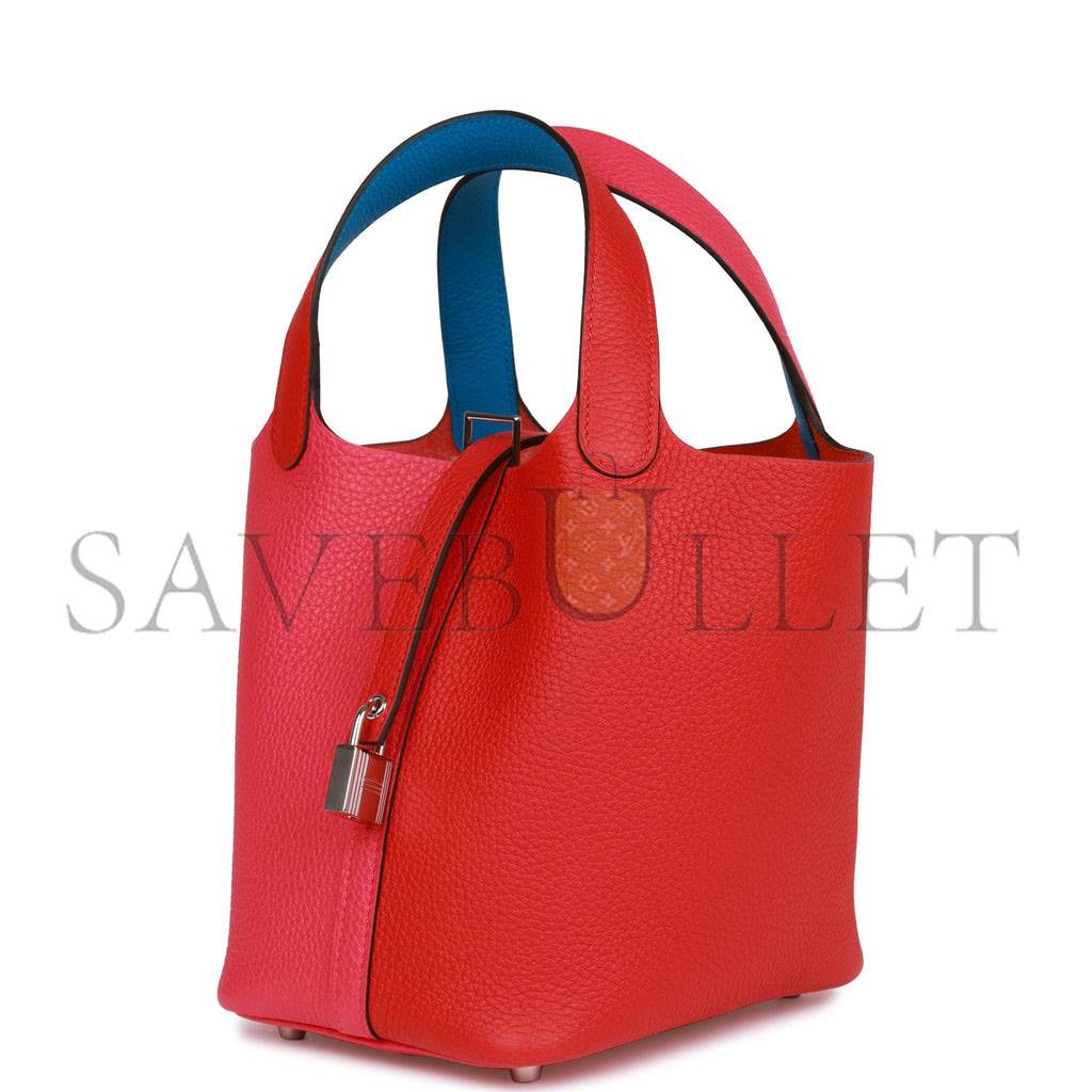 HERMES PICOTIN LOCK 18 CASAQUE ROUGE DE COEUR, ROSE EXTREME AND BLEU ZANZIBAR CLEMENCE PALLADIUM HARDWARE (18*13*18cm) HERMES PICOTIN LOCK 18 CASAQUE ROUGE DE COEUR, ROSE EXTREME AND BLEU ZANZIBAR CLEMENCE PALLADIUM HARDWARE (18*13*18cm)