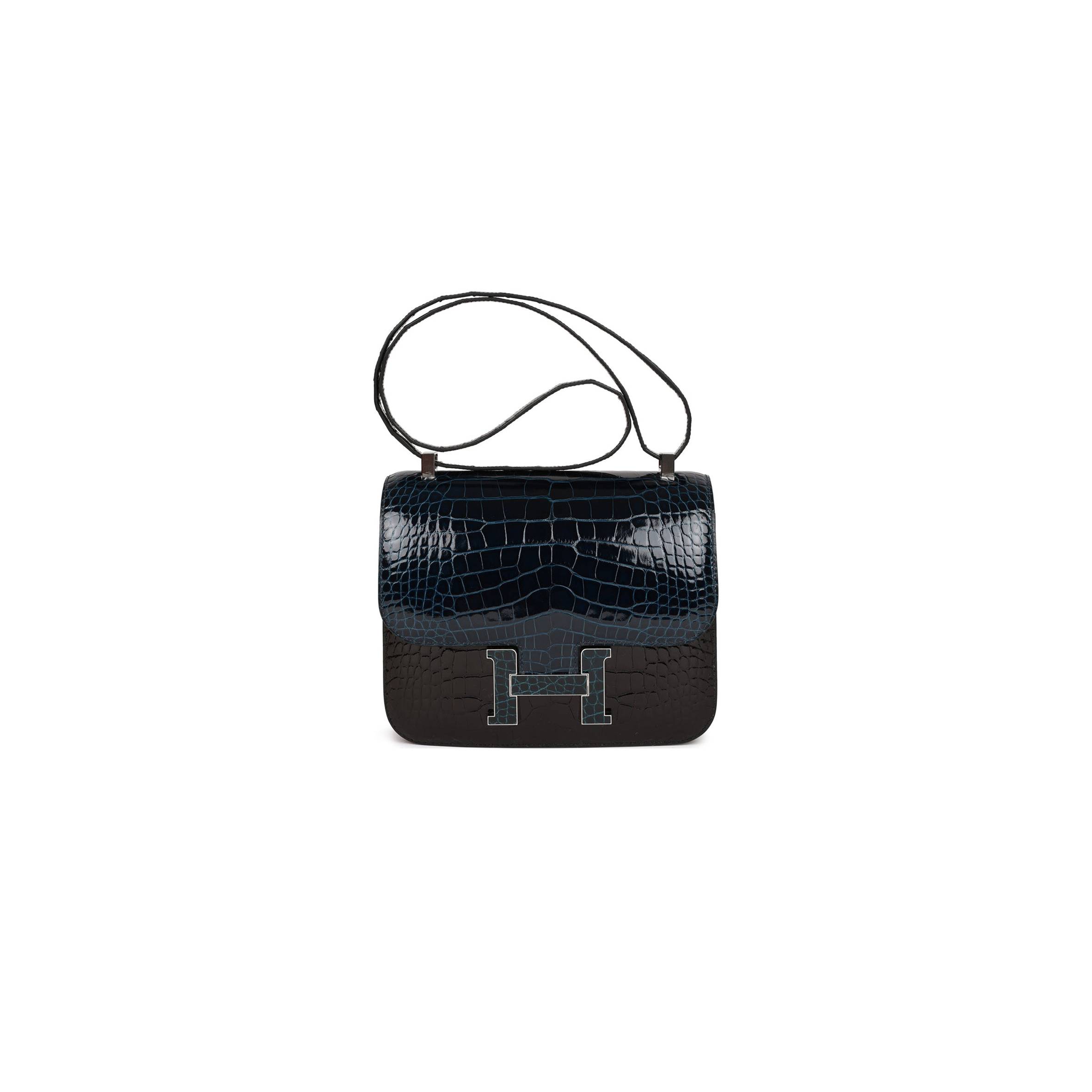 HERMES CONSTANCE 24 TRI-COLOR BLACK, BLEU BALTIQUE AND VERT ROUSSEAU SHINY ALLIGATOR PALLADIUM HARDWARE (24cm) HERMES CONSTANCE 24 TRI-COLOR BLACK, BLEU BALTIQUE AND VERT ROUSSEAU SHINY ALLIGATOR PALLADIUM HARDWARE (24cm)