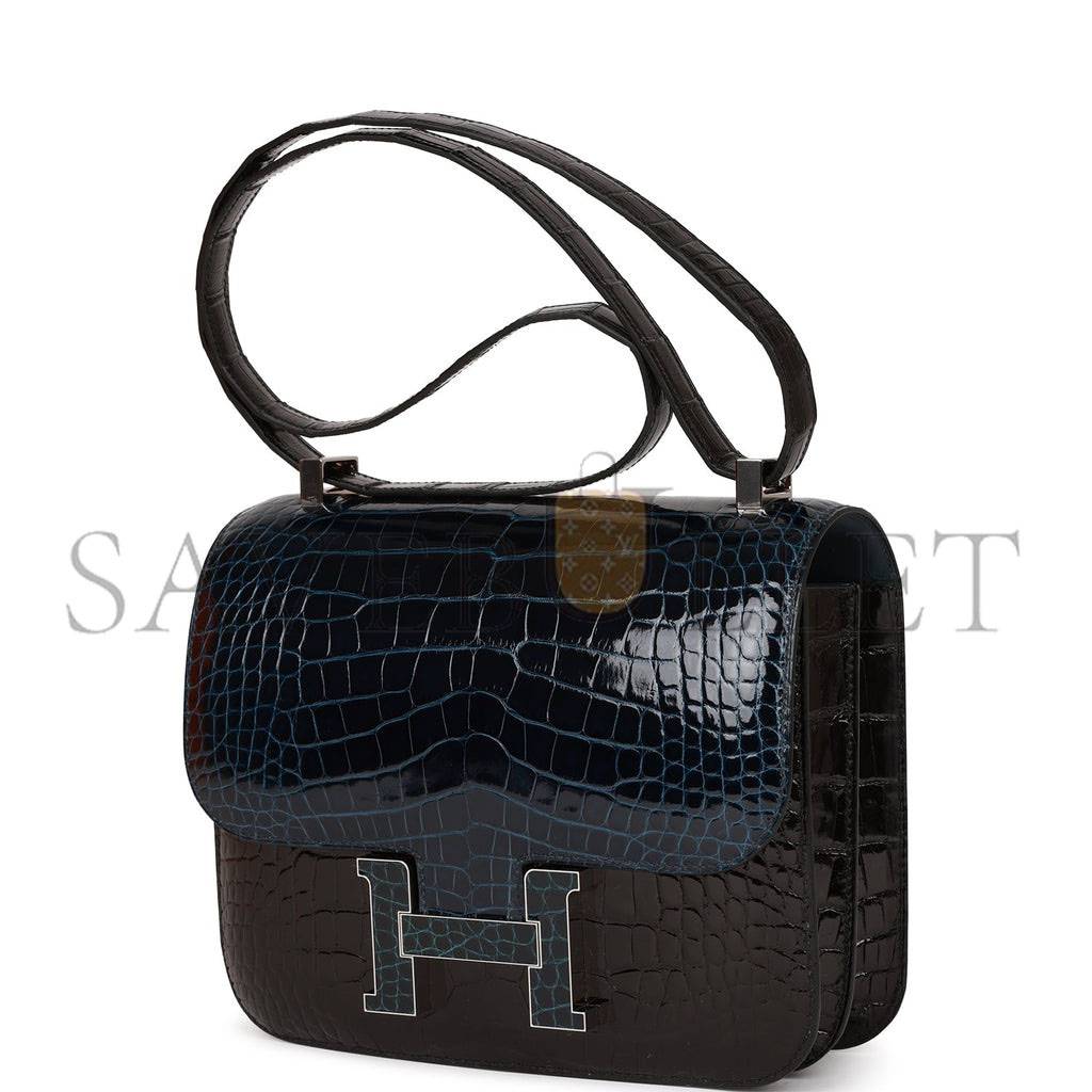 HERMES CONSTANCE 24 TRI-COLOR BLACK, BLEU BALTIQUE AND VERT ROUSSEAU SHINY ALLIGATOR PALLADIUM HARDWARE (24cm) HERMES CONSTANCE 24 TRI-COLOR BLACK, BLEU BALTIQUE AND VERT ROUSSEAU SHINY ALLIGATOR PALLADIUM HARDWARE (24cm)