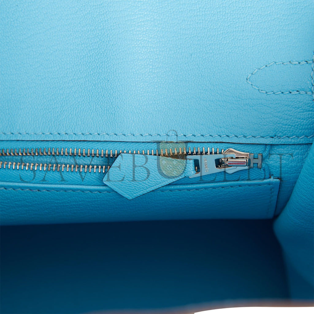 HERMES SPECIAL ORDER (HSS) BIRKIN 25 GRIS PERLE AND BLEU DU NORD CHÈVRE BRUSHED PALLADIUM HARDWARE HANDMADE (25cm)