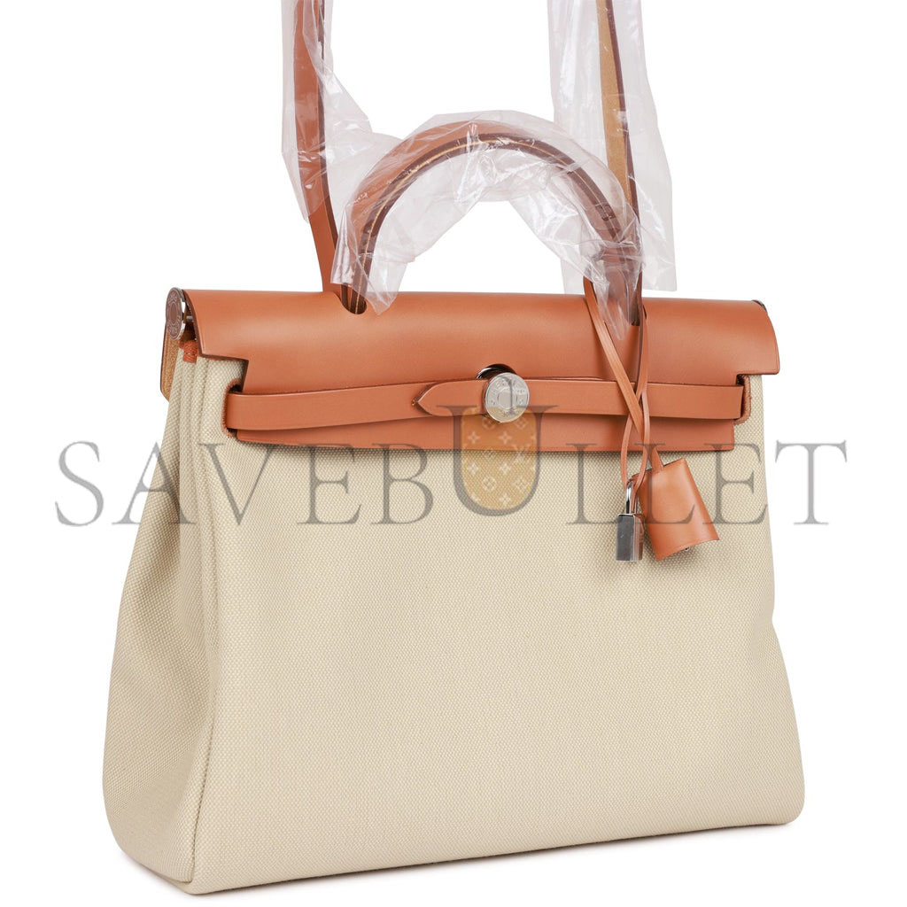 HERMES HERBAG ZIP PM 31 BETON TOILE H BERLINE VACHE NATUREL HUNTER PALLADIUM HARDWARE(30*27*11cm)