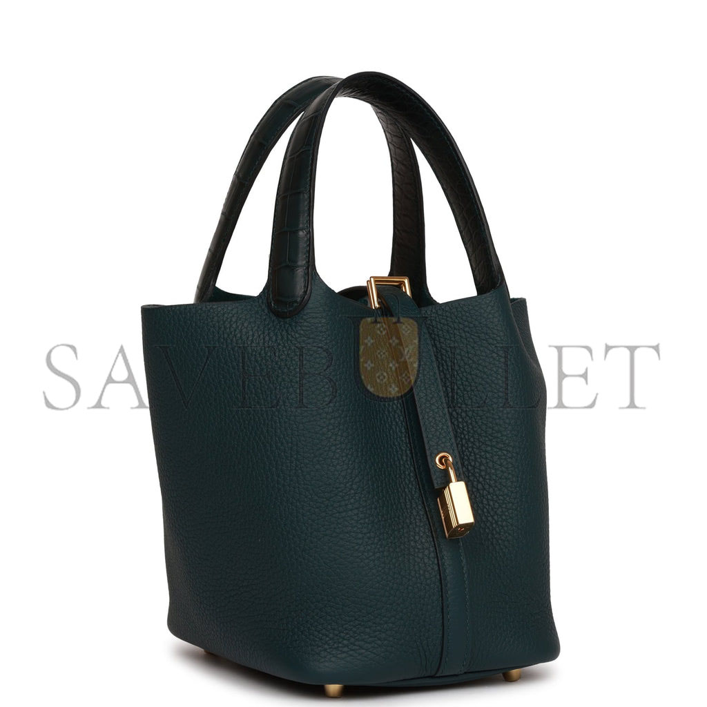 HERMES PICOTIN LOCK 18 VERT CYPRESS MATTE ALLIGATOR AND CLEMENCE TOUCH GOLD HARDWARE (18*13*18cm) HERMES PICOTIN LOCK 18 VERT CYPRESS MATTE ALLIGATOR AND CLEMENCE TOUCH GOLD HARDWARE (18*13*18cm)