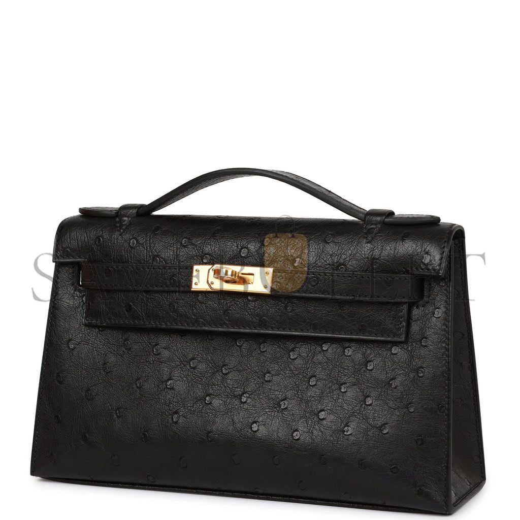 HERMES KELLY POCHETTE BLACK OSTRICH GOLD HARDWARE (22*12*13cm) HERMES KELLY POCHETTE BLACK OSTRICH GOLD HARDWARE (22*12*13cm)