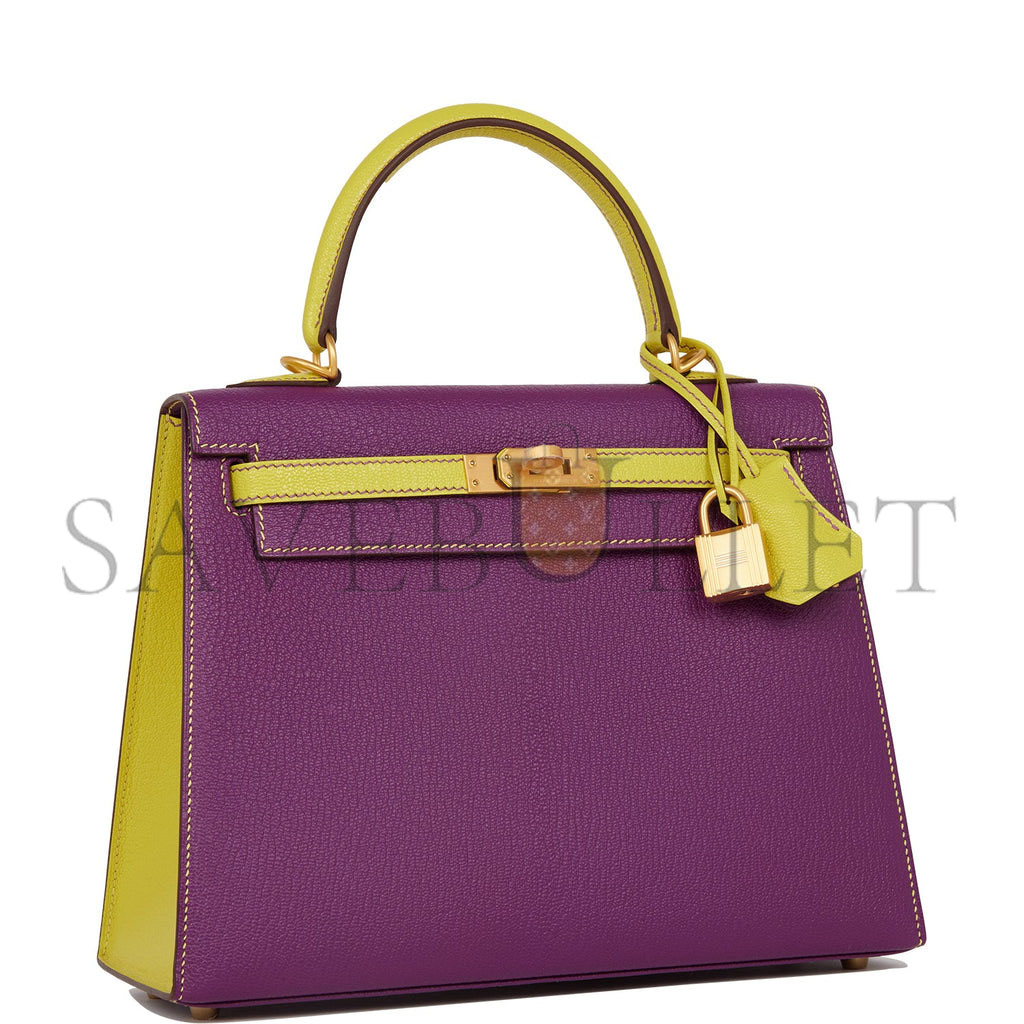 HERMES SPECIAL ORDER (HSS) KELLY SELLIER 25 ANEMONE AND LIME CHEVRE BRUSHED GOLD HARDWARE HANDMADE (25*17*7) HERMES SPECIAL ORDER (HSS) KELLY SELLIER 25 ANEMONE AND LIME CHEVRE BRUSHED GOLD HARDWARE HANDMADE (25*17*7)