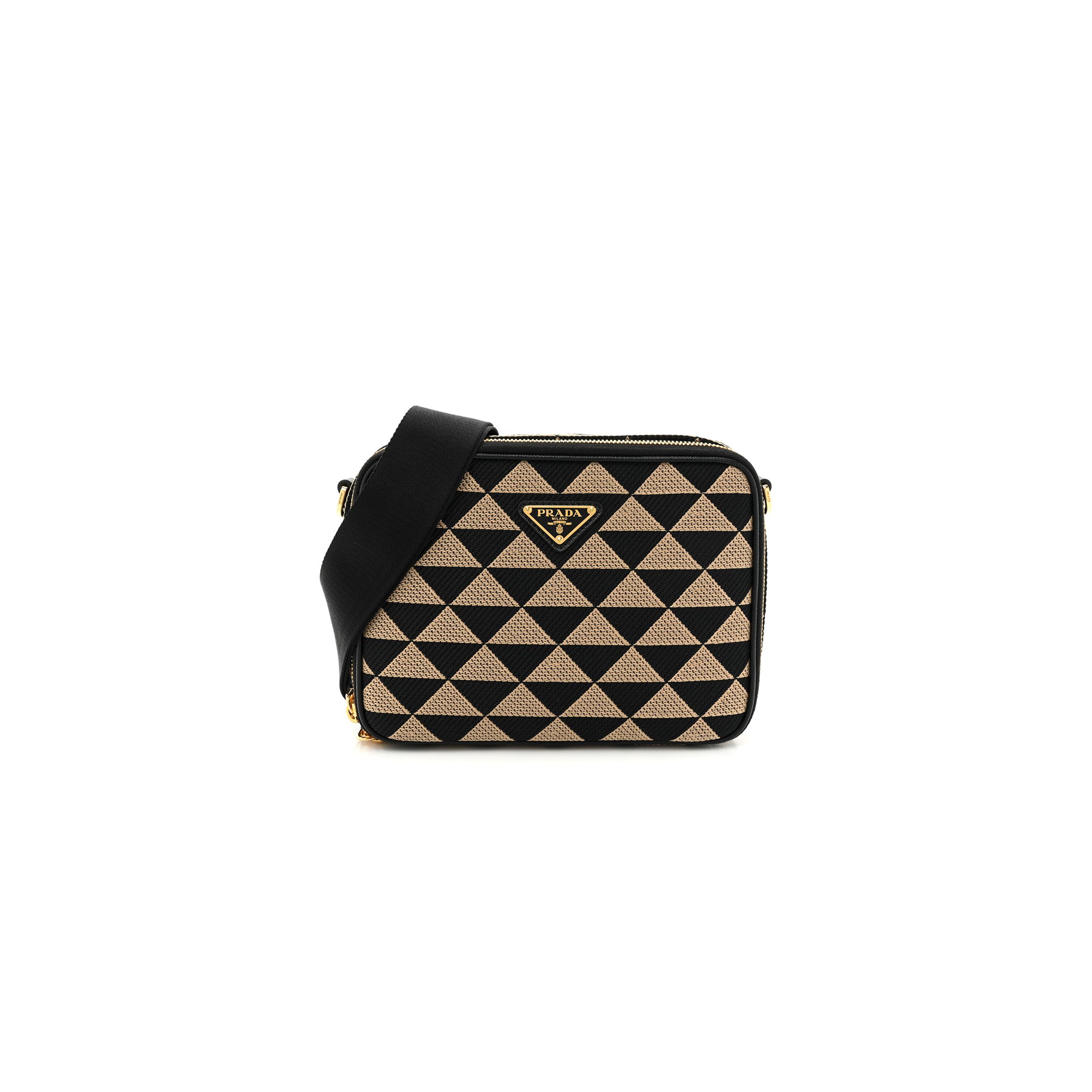 PRADA JACQUARD SAFFIANO TRIANGOLO SYMBOLE EMBROIDERED SMALL SHOULDER BAG BLACK CORDA (23*17*7cm) PRADA JACQUARD SAFFIANO TRIANGOLO SYMBOLE EMBROIDERED SMALL SHOULDER BAG BLACK CORDA (23*17*7cm)