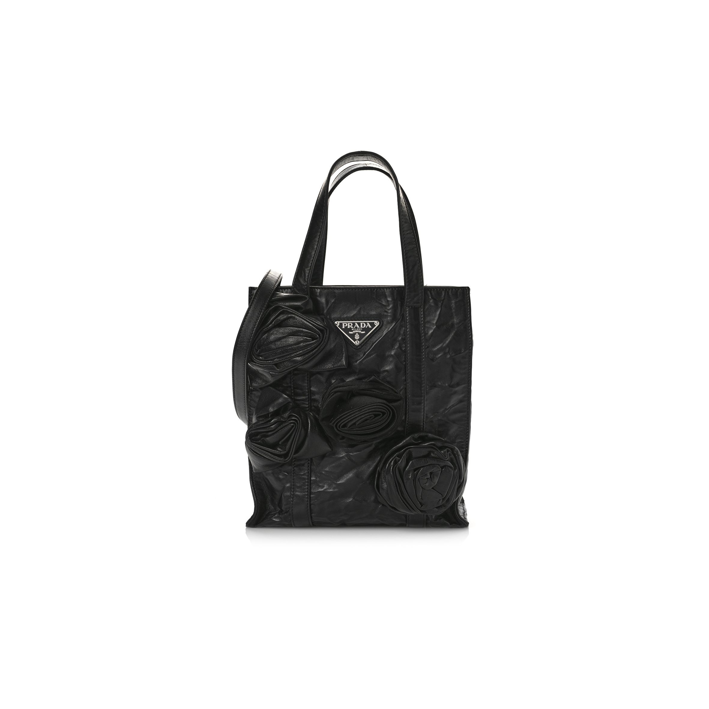 PRADA NAPPA MINI ANTIQUE ROSETTE FLOWER TOTE BAG BLACK (24*22*10cm) PRADA NAPPA MINI ANTIQUE ROSETTE FLOWER TOTE BAG BLACK (24*22*10cm)