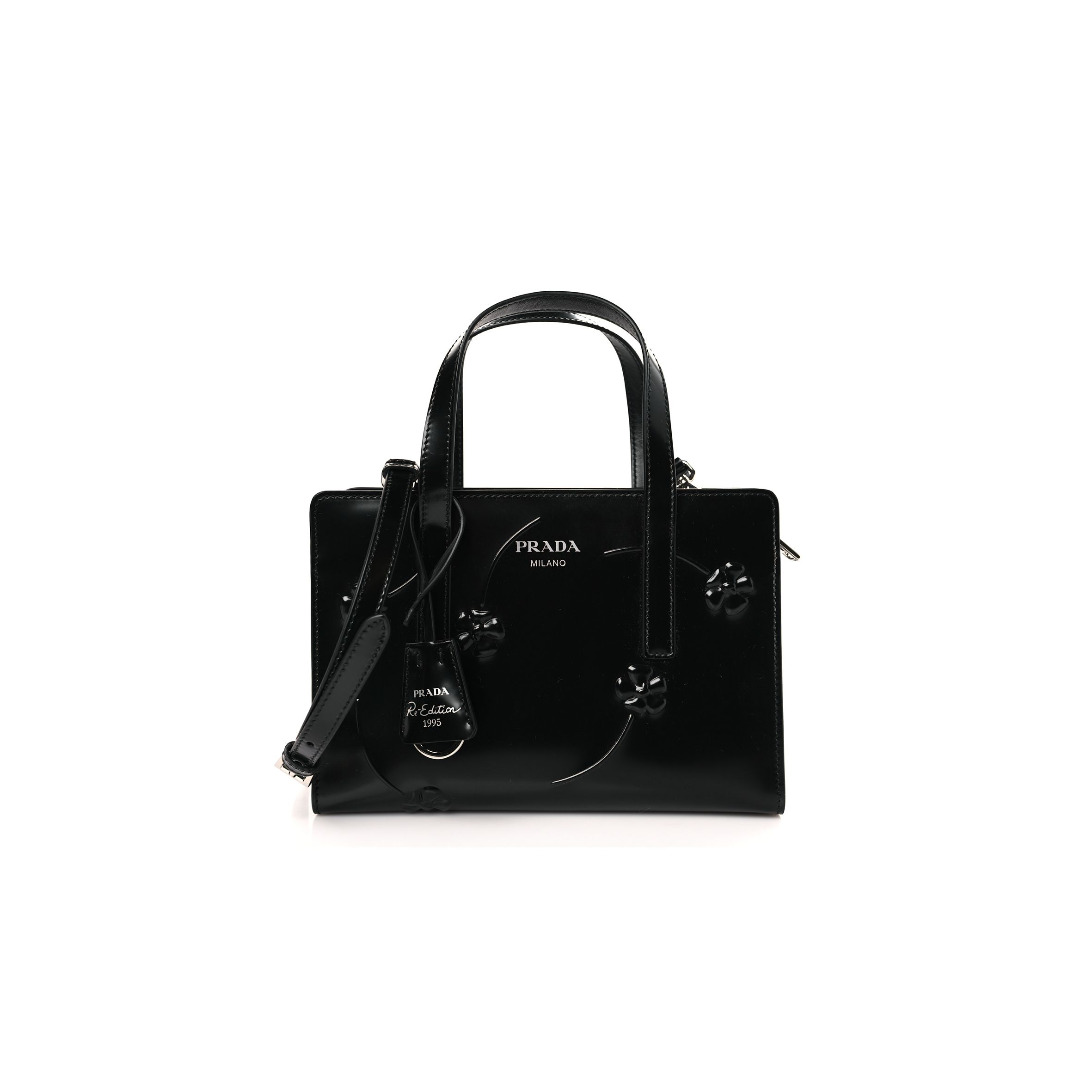 PRADA BRUSHED CALFSKIN FLORAL MINI RE-EDITION 1995 TOTE BLACK (22*15*7cm) PRADA BRUSHED CALFSKIN FLORAL MINI RE-EDITION 1995 TOTE BLACK (22*15*7cm)
