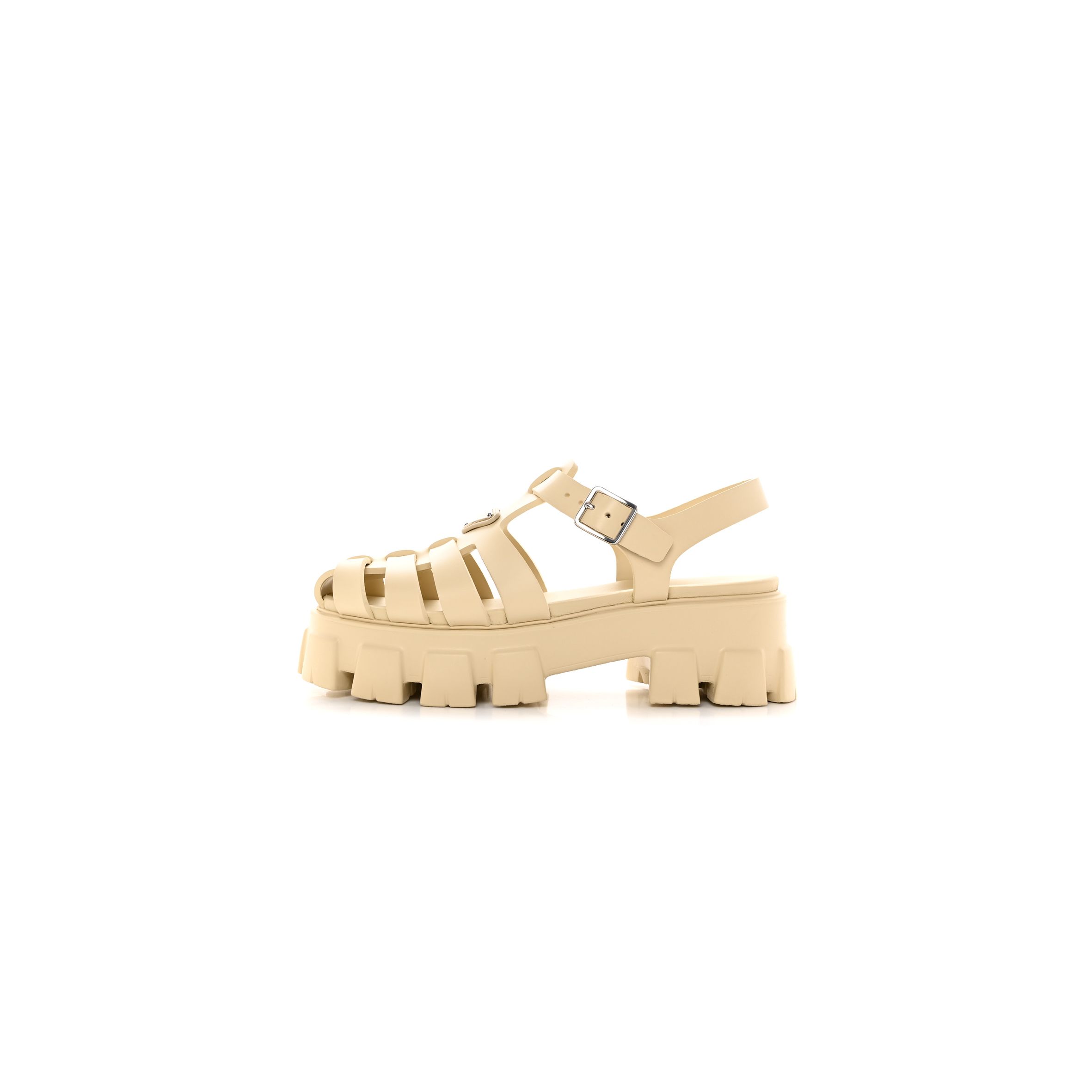 PRADA FOAM RUBBER METAL TRIANGLE LOGO MONOLITH 55MM CAGE SANDALS 41 QUARZO PRADA FOAM RUBBER METAL TRIANGLE LOGO MONOLITH 55MM CAGE SANDALS 41 QUARZO