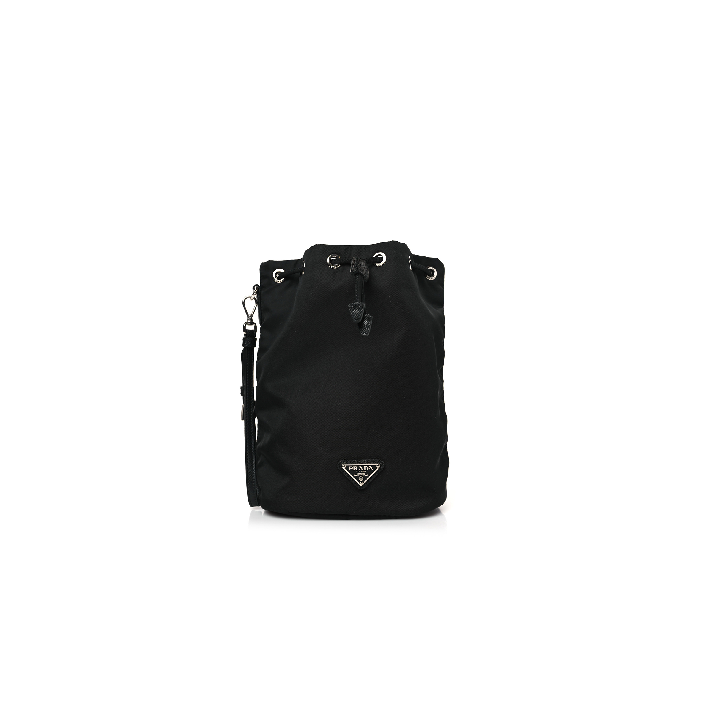 PRADA SAFFIANO TESSUTO NYLON VELA BUCKET WRISTLET BLACK (22*15*10cm) PRADA SAFFIANO TESSUTO NYLON VELA BUCKET WRISTLET BLACK (22*15*10cm)