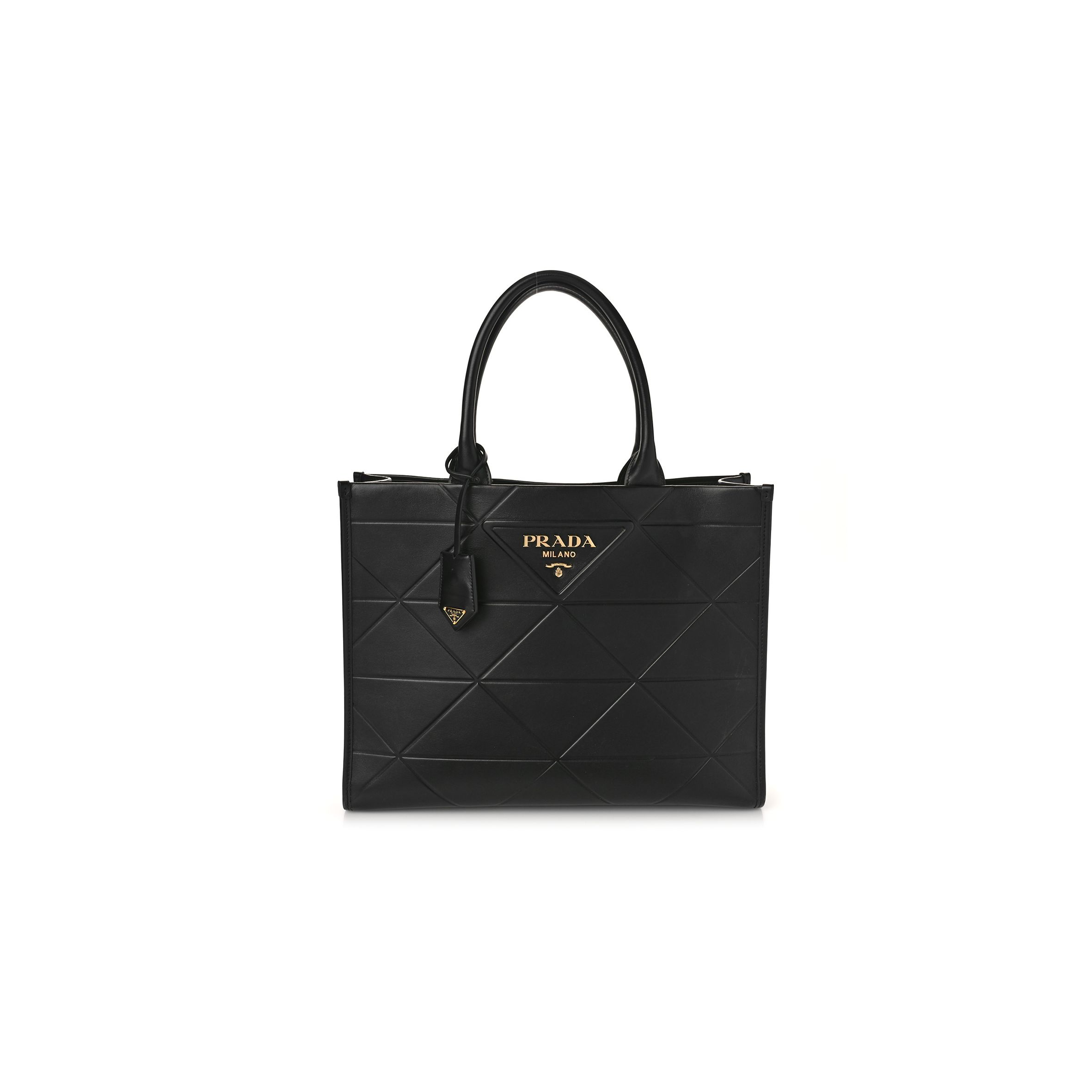 PRADA SOFT CALFSKIN TRIANGOLO SYMBOLE EMBOSSED MEDIUM TOTE BLACK (35*27*11cm) PRADA SOFT CALFSKIN TRIANGOLO SYMBOLE EMBOSSED MEDIUM TOTE BLACK (35*27*11cm)