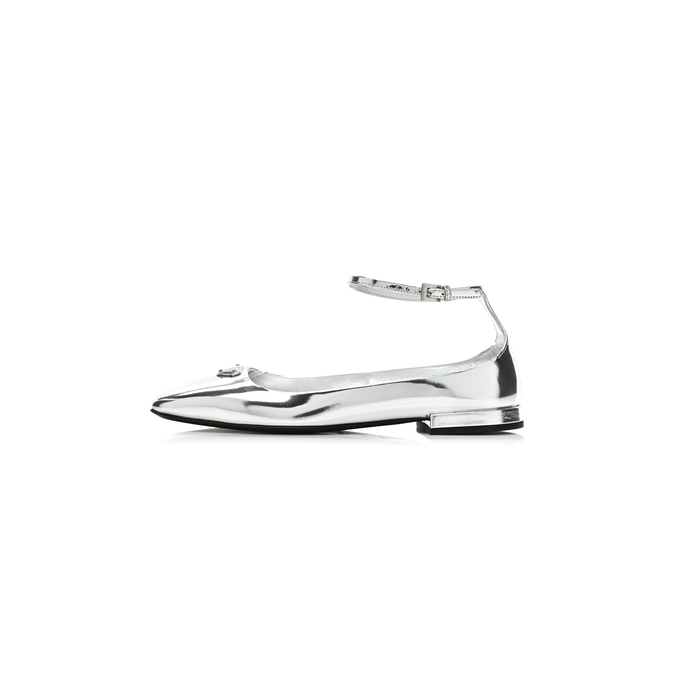 PRADA METALLIC CALFSKIN METAL TRIANGLE LOGO ANKLE STRAP BALLERINAS 36.5 SILVER PRADA METALLIC CALFSKIN METAL TRIANGLE LOGO ANKLE STRAP BALLERINAS 36.5 SILVER
