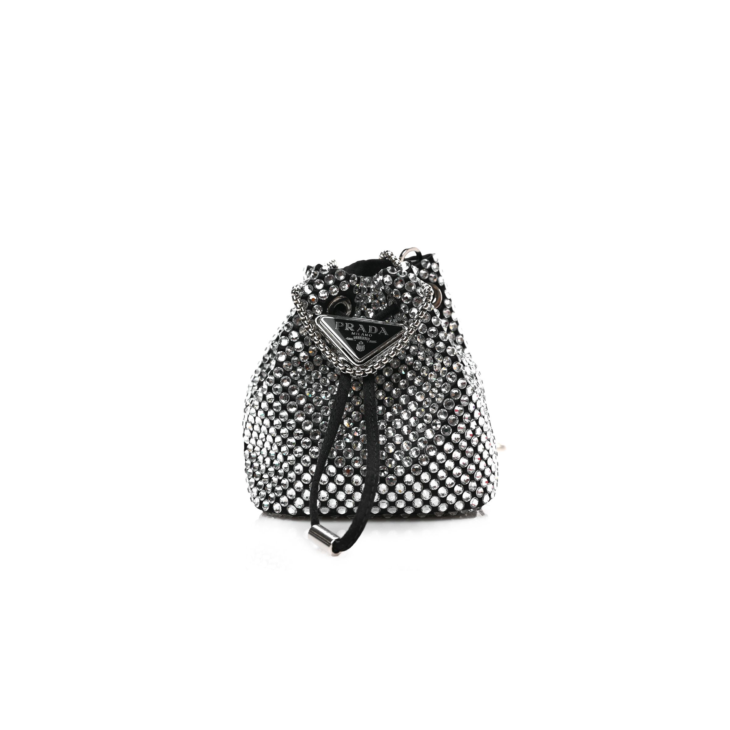 PRADA SATIN CRYSTAL DRAWSTRING MINI POUCH BLACK (9*9*6cm) PRADA SATIN CRYSTAL DRAWSTRING MINI POUCH BLACK (9*9*6cm)