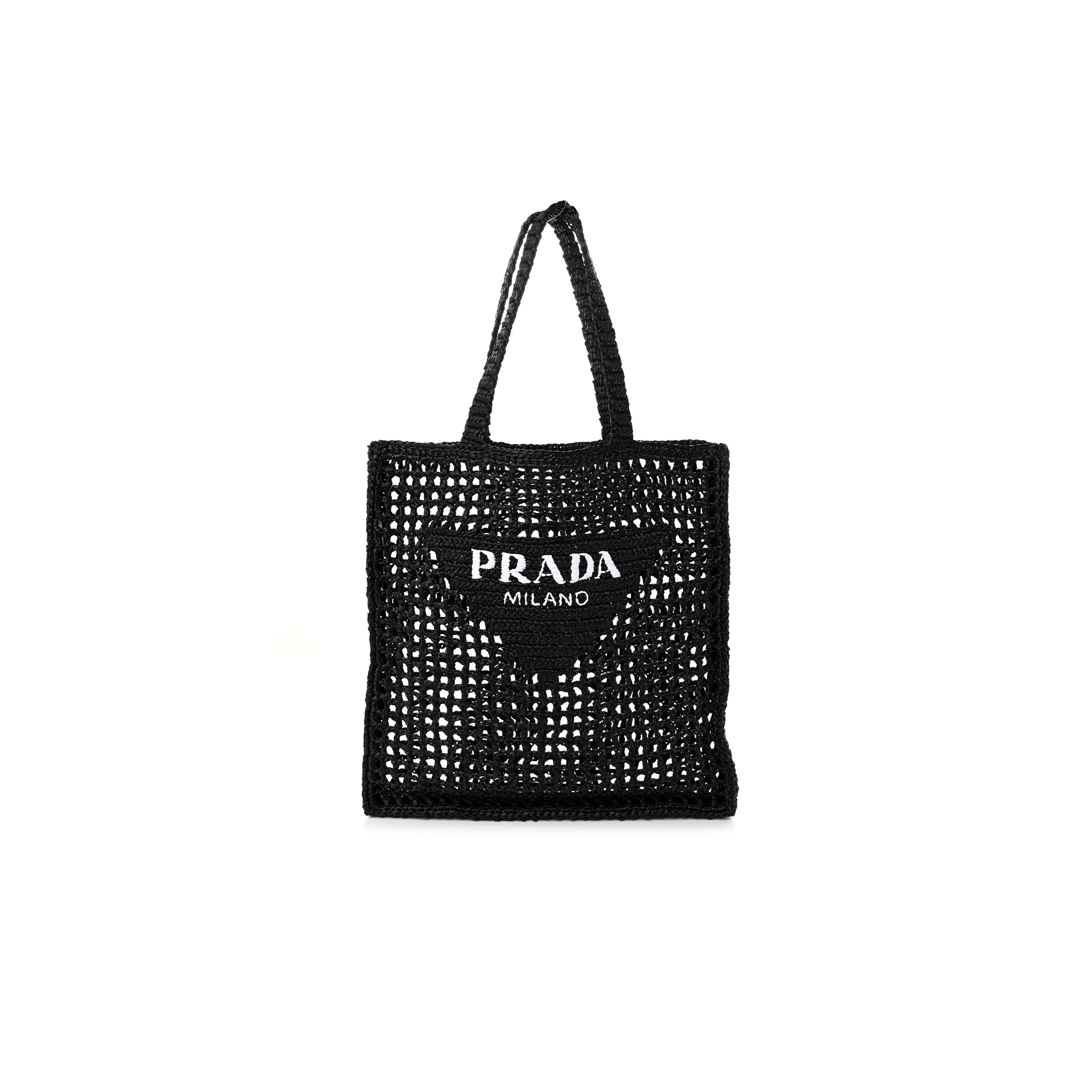 PRADA RAFFIA EMBROIDERED LOGO TOTE BAG BLACK (37*37*4cm) PRADA RAFFIA EMBROIDERED LOGO TOTE BAG BLACK (37*37*4cm)