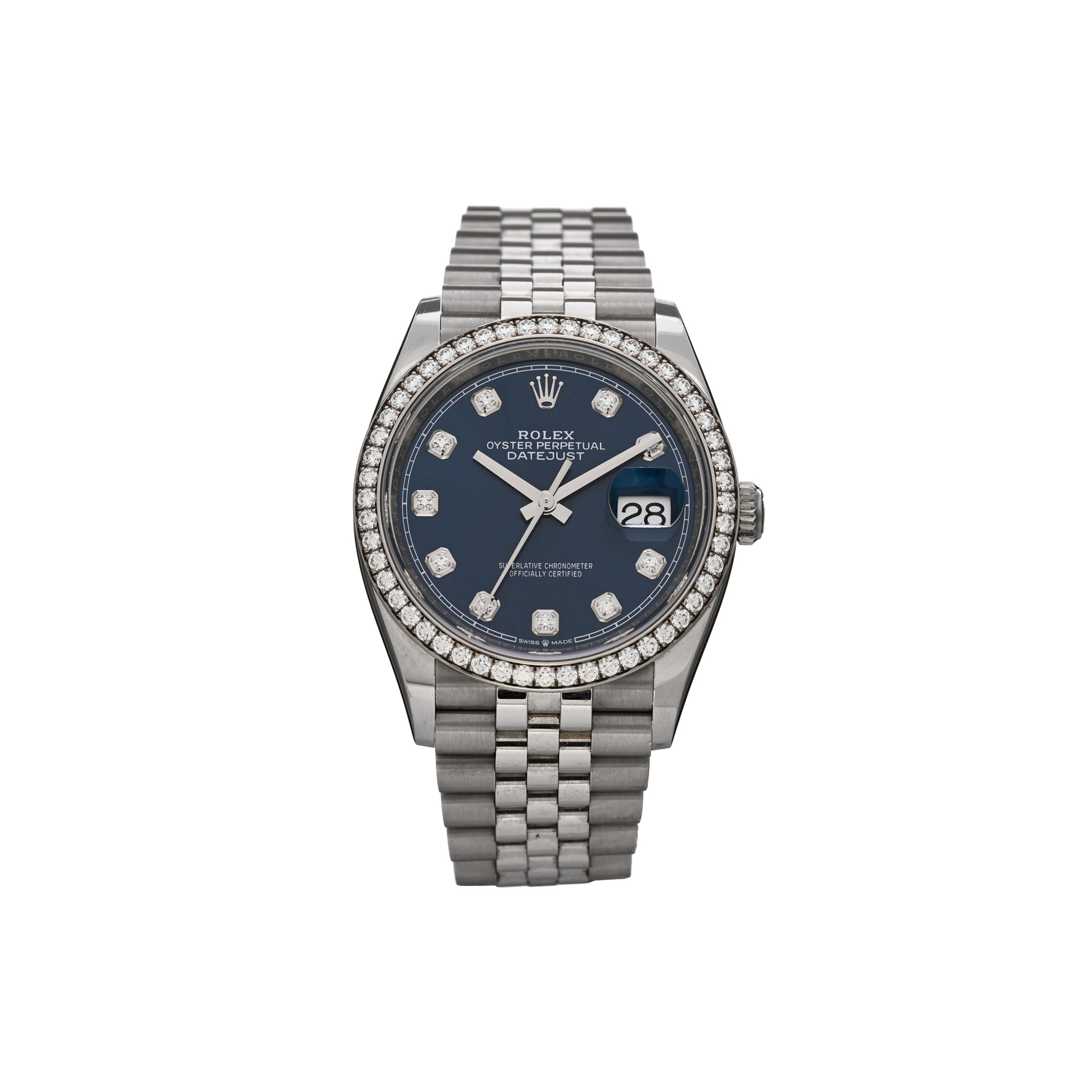 ROLEX STAINLESS STEEL 18K WHITE GOLD DIAMOND BEZEL 36MM OYSTER PERPETUAL DATEJUST WATCH BLUE 126284RBR ROLEX STAINLESS STEEL 18K WHITE GOLD DIAMOND BEZEL 36MM OYSTER PERPETUAL DATEJUST WATCH BLUE 126284RBR