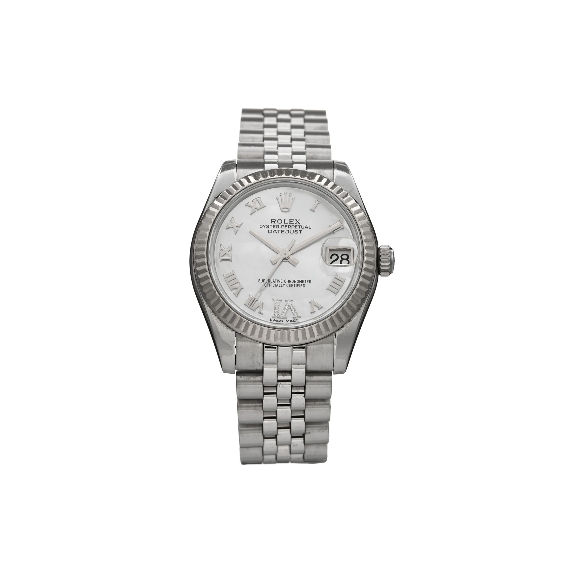ROLEX STAINLESS STEEL 18K WHITE GOLD DIAMOND MOTHER OF PEARL 31MM OYSTER PERPETUAL DATEJUST WATCH ROMAN 178274 ROLEX STAINLESS STEEL 18K WHITE GOLD DIAMOND MOTHER OF PEARL 31MM OYSTER PERPETUAL DATEJUST WATCH ROMAN 178274
