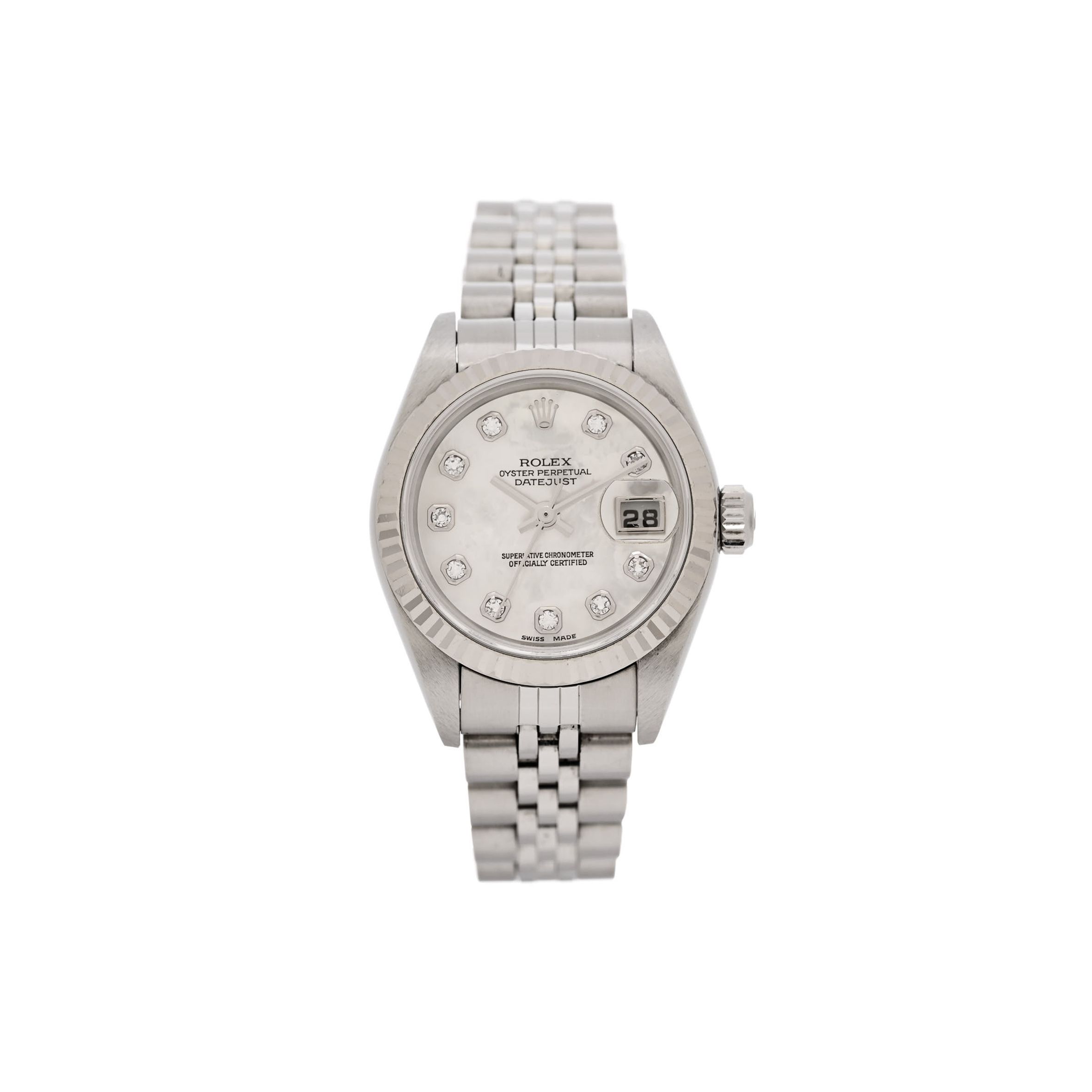ROLEX STAINLESS STEEL 18K WHITE GOLD DIAMOND MOTHER OF PEARL 26MM OYSTER PERPETUAL DATEJUST WATCH 79174 ROLEX STAINLESS STEEL 18K WHITE GOLD DIAMOND MOTHER OF PEARL 26MM OYSTER PERPETUAL DATEJUST WATCH 79174