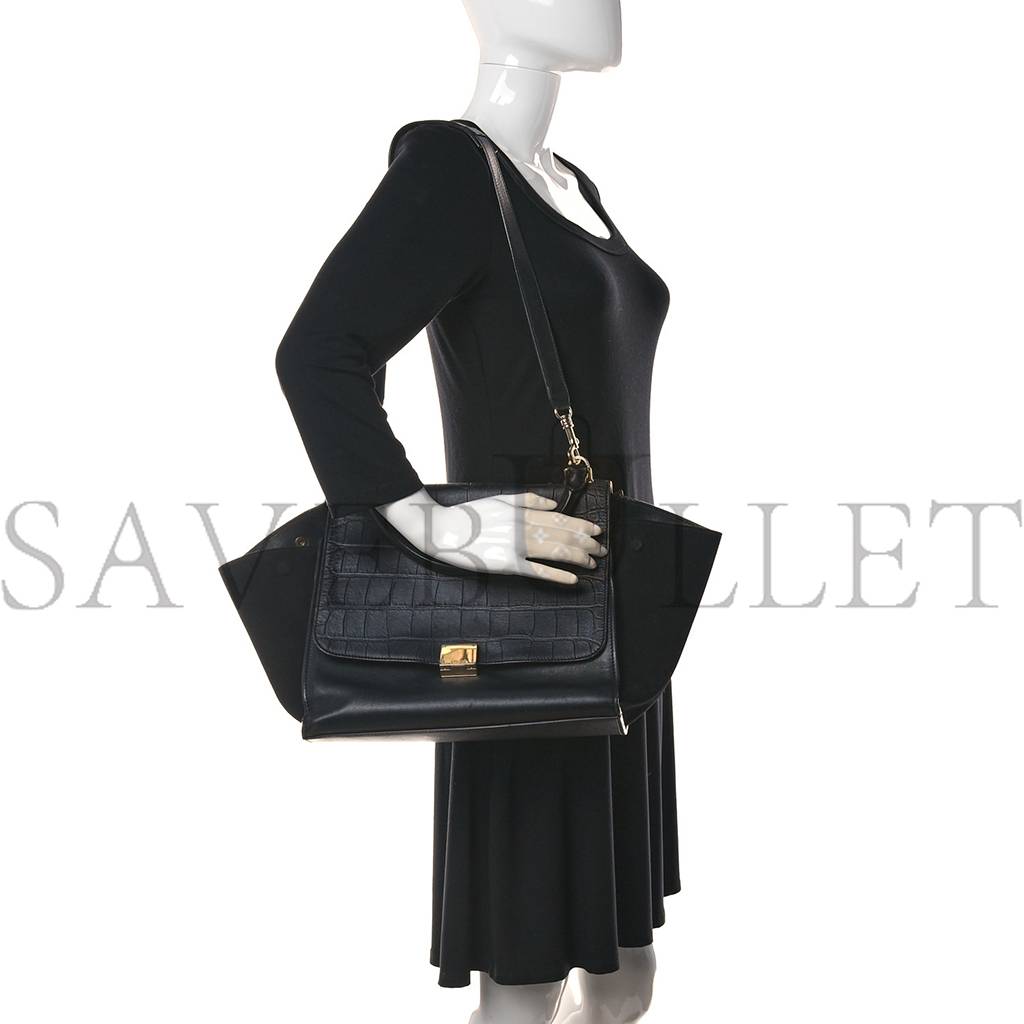 CELINE CROCODILE EMBOSSED CALFSKIN SUEDE MEDIUM TRAPEZE BLACK (30*25*18cm) CELINE CROCODILE EMBOSSED CALFSKIN SUEDE MEDIUM TRAPEZE BLACK (30*25*18cm)