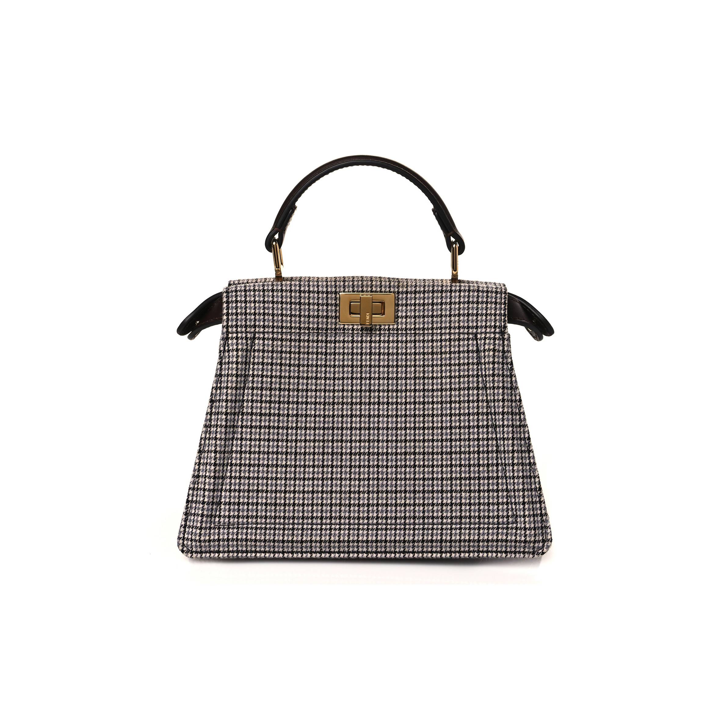 FENDI WOOL FABRIC JACQUARD CUOIO HOUNDSTOOTH FF 1974 PETITE PEEKABOO I SEE U SATCHEL GREY BLACK (20*15*11cm) FENDI WOOL FABRIC JACQUARD CUOIO HOUNDSTOOTH FF 1974 PETITE PEEKABOO I SEE U SATCHEL GREY BLACK (20*15*11cm)