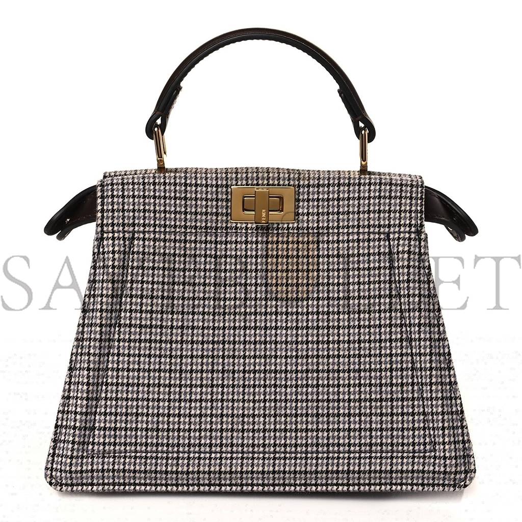 FENDI WOOL FABRIC JACQUARD CUOIO HOUNDSTOOTH FF 1974 PETITE PEEKABOO I SEE U SATCHEL GREY BLACK (20*15*11cm) FENDI WOOL FABRIC JACQUARD CUOIO HOUNDSTOOTH FF 1974 PETITE PEEKABOO I SEE U SATCHEL GREY BLACK (20*15*11cm)