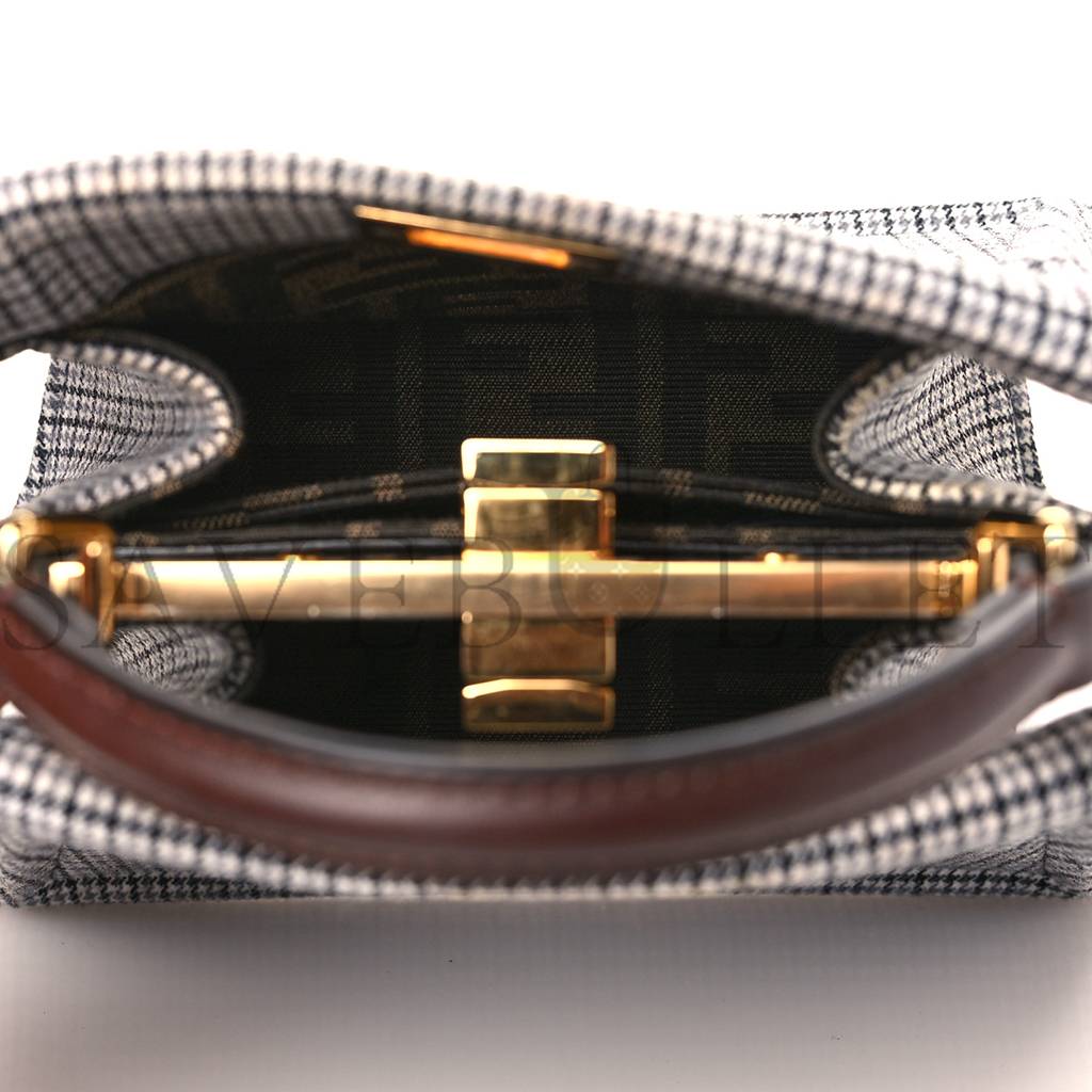FENDI WOOL FABRIC JACQUARD CUOIO HOUNDSTOOTH FF 1974 PETITE PEEKABOO I SEE U SATCHEL GREY BLACK (20*15*11cm) FENDI WOOL FABRIC JACQUARD CUOIO HOUNDSTOOTH FF 1974 PETITE PEEKABOO I SEE U SATCHEL GREY BLACK (20*15*11cm)