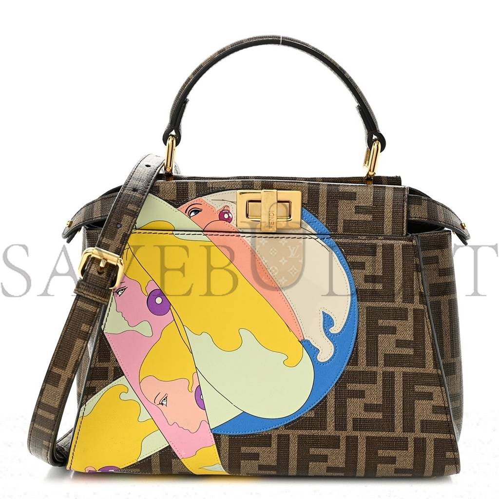 FENDI GLAZED FABRIC VITELLO FF 1974 HAIRDO GIRLS INLAY MINI PEEKABOO ICONIC SATCHEL MOGANO PANNA MULTICOLOR (23*18*13cm) FENDI GLAZED FABRIC VITELLO FF 1974 HAIRDO GIRLS INLAY MINI PEEKABOO ICONIC SATCHEL MOGANO PANNA MULTICOLOR (23*18*13cm)