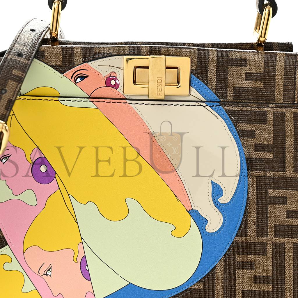 FENDI GLAZED FABRIC VITELLO FF 1974 HAIRDO GIRLS INLAY MINI PEEKABOO ICONIC SATCHEL MOGANO PANNA MULTICOLOR (23*18*13cm) FENDI GLAZED FABRIC VITELLO FF 1974 HAIRDO GIRLS INLAY MINI PEEKABOO ICONIC SATCHEL MOGANO PANNA MULTICOLOR (23*18*13cm)