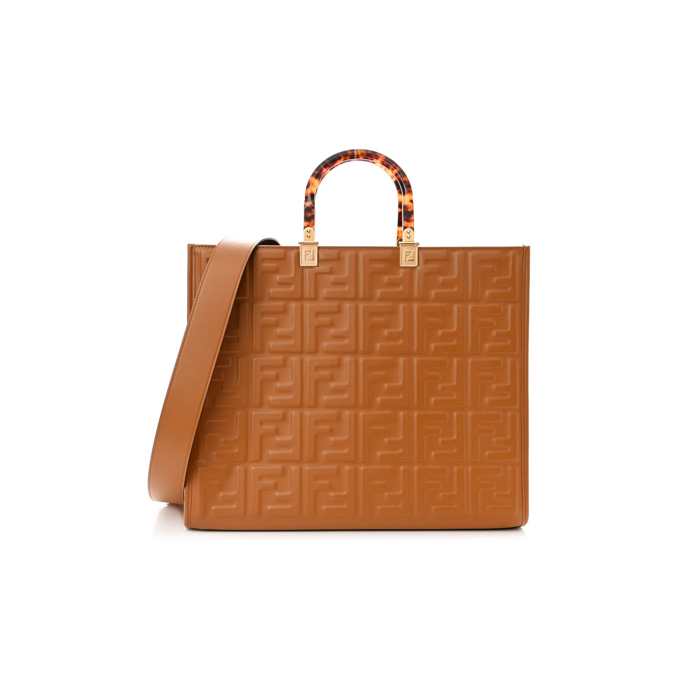 FENDI VITELLO PLEXIGLASS FF EMBOSSED MEDIUM FENDI SUNSHINE SHOPPER TOTE CARAMELLO (35*31*17cm) FENDI VITELLO PLEXIGLASS FF EMBOSSED MEDIUM FENDI SUNSHINE SHOPPER TOTE CARAMELLO (35*31*17cm)