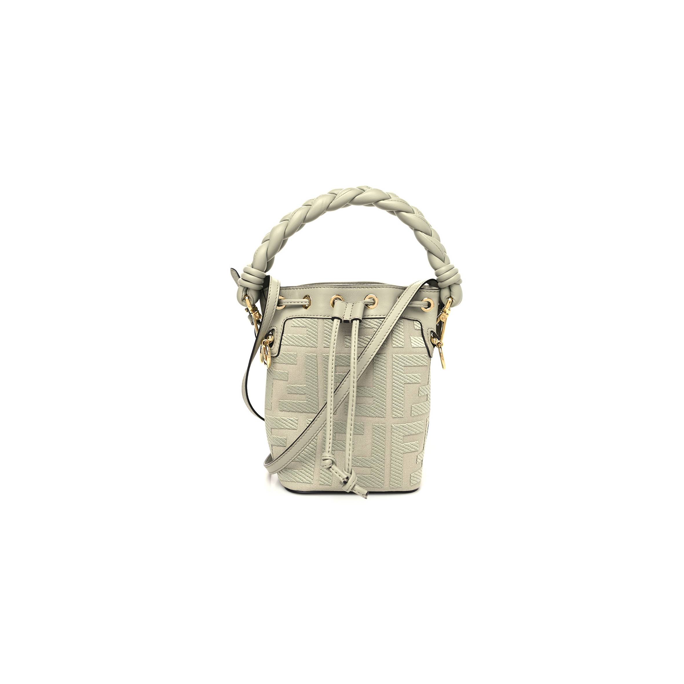 FENDI CANVAS VITELLO GRACE F IS FENDI FF EMBROIDERED MINI MON TRESOR BUCKET BAG LIGHT GREEN (18*12*10cm) FENDI CANVAS VITELLO GRACE F IS FENDI FF EMBROIDERED MINI MON TRESOR BUCKET BAG LIGHT GREEN (18*12*10cm)