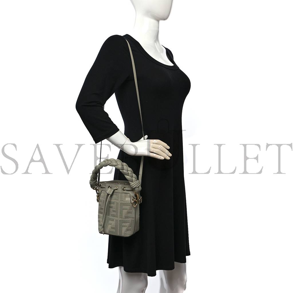 FENDI CANVAS VITELLO GRACE F IS FENDI FF EMBROIDERED MINI MON TRESOR BUCKET BAG LIGHT GREEN (18*12*10cm) FENDI CANVAS VITELLO GRACE F IS FENDI FF EMBROIDERED MINI MON TRESOR BUCKET BAG LIGHT GREEN (18*12*10cm)
