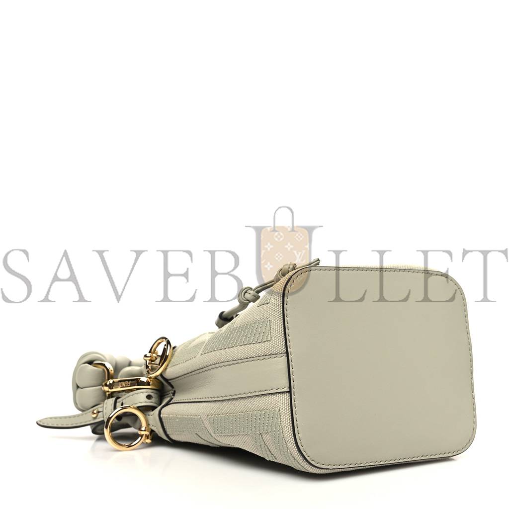 FENDI CANVAS VITELLO GRACE F IS FENDI FF EMBROIDERED MINI MON TRESOR BUCKET BAG LIGHT GREEN (18*12*10cm) FENDI CANVAS VITELLO GRACE F IS FENDI FF EMBROIDERED MINI MON TRESOR BUCKET BAG LIGHT GREEN (18*12*10cm)
