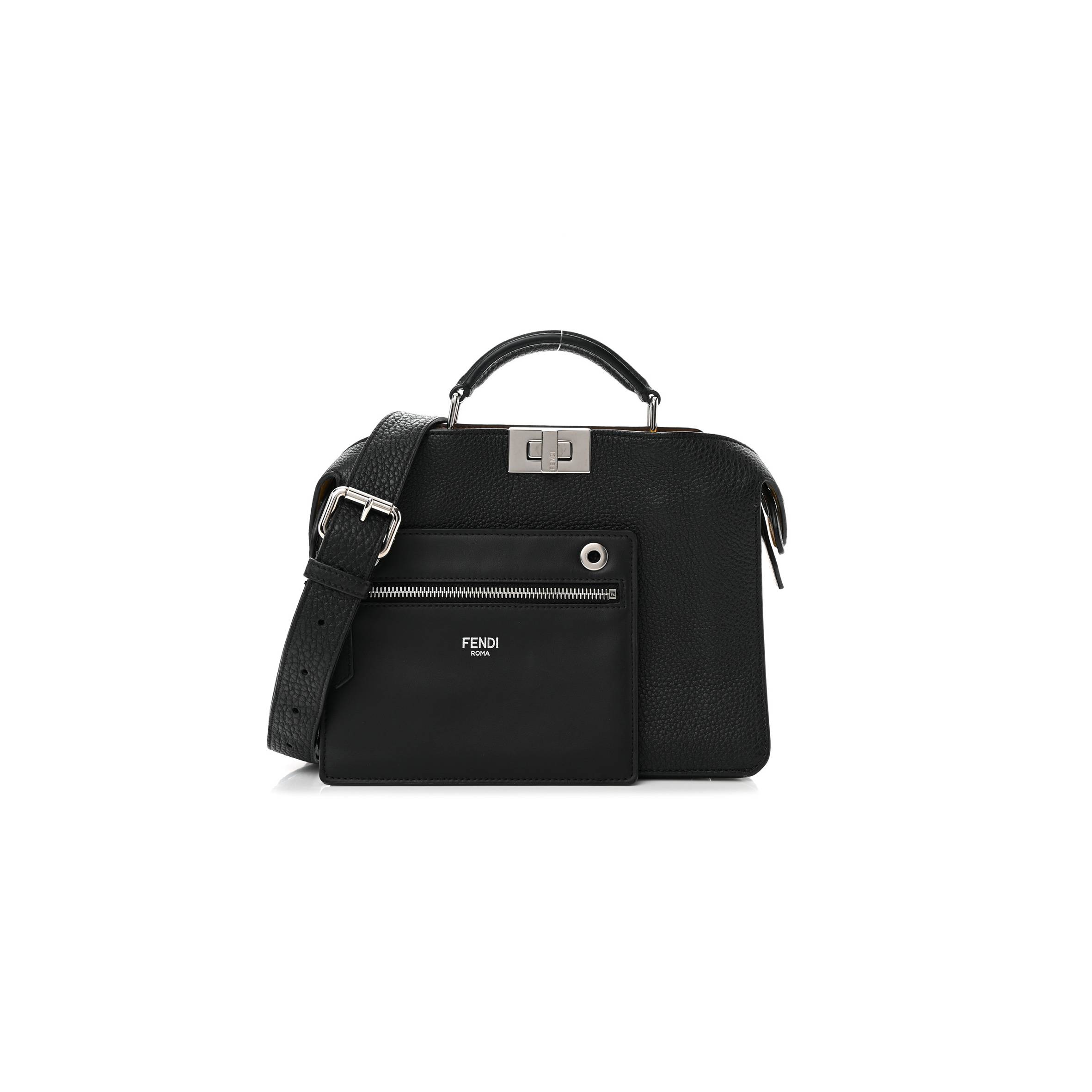 FENDI CUOIO ROMANO VITELLO GRACE LIGHT GLAZED FABRIC BI-COLOR FF 1974 MINI PEEKABOO I SEE U SATCHEL BLACK (25*20*9cm) FENDI CUOIO ROMANO VITELLO GRACE LIGHT GLAZED FABRIC BI-COLOR FF 1974 MINI PEEKABOO I SEE U SATCHEL BLACK (25*20*9cm)