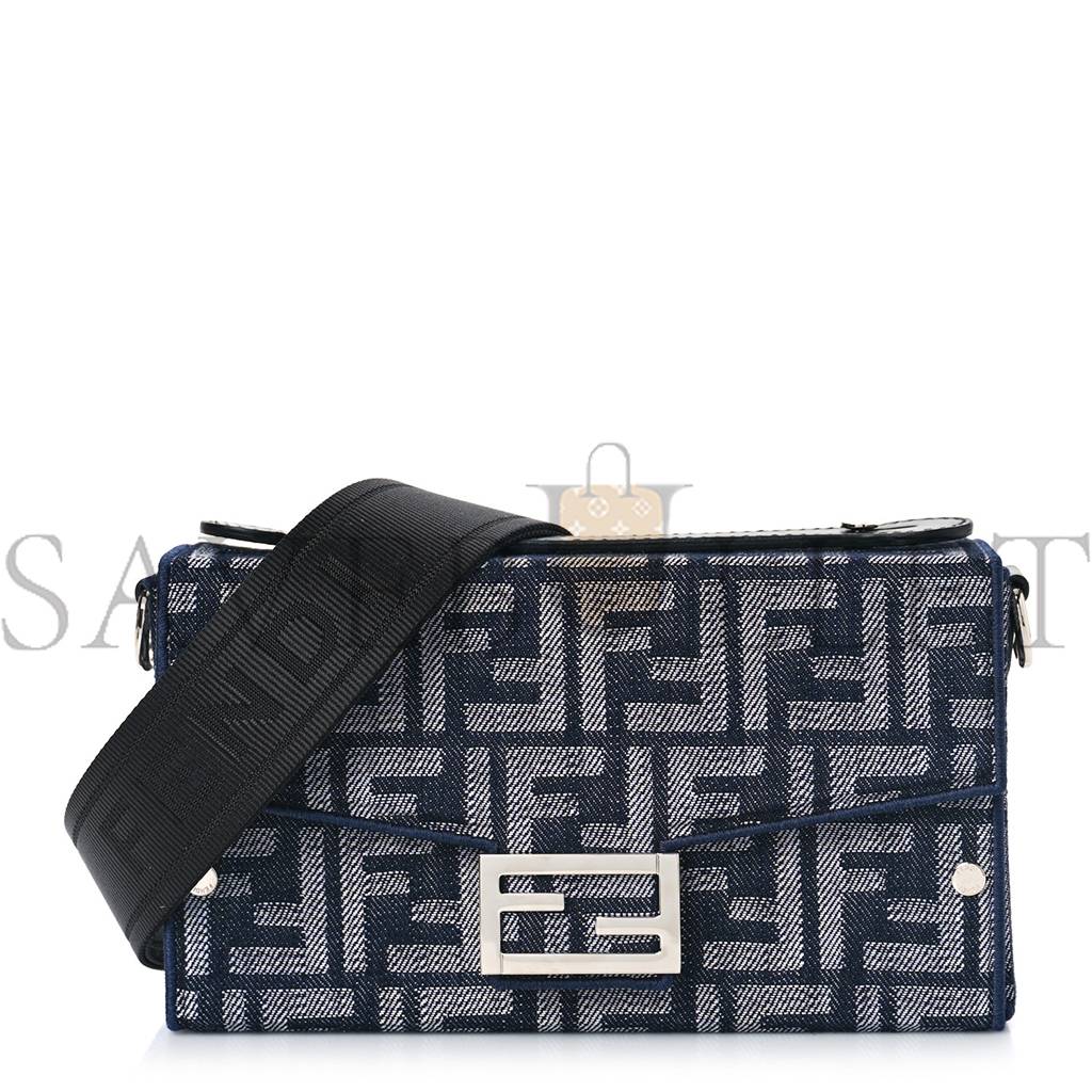 FENDI FABRIC JACQUARD REACTIVE JEAN DENIM VITELLO COVER FF BAGUETTE SOFT TRUNK BLUE BLACK (21*12*6cm) FENDI FABRIC JACQUARD REACTIVE JEAN DENIM VITELLO COVER FF BAGUETTE SOFT TRUNK BLUE BLACK (21*12*6cm)