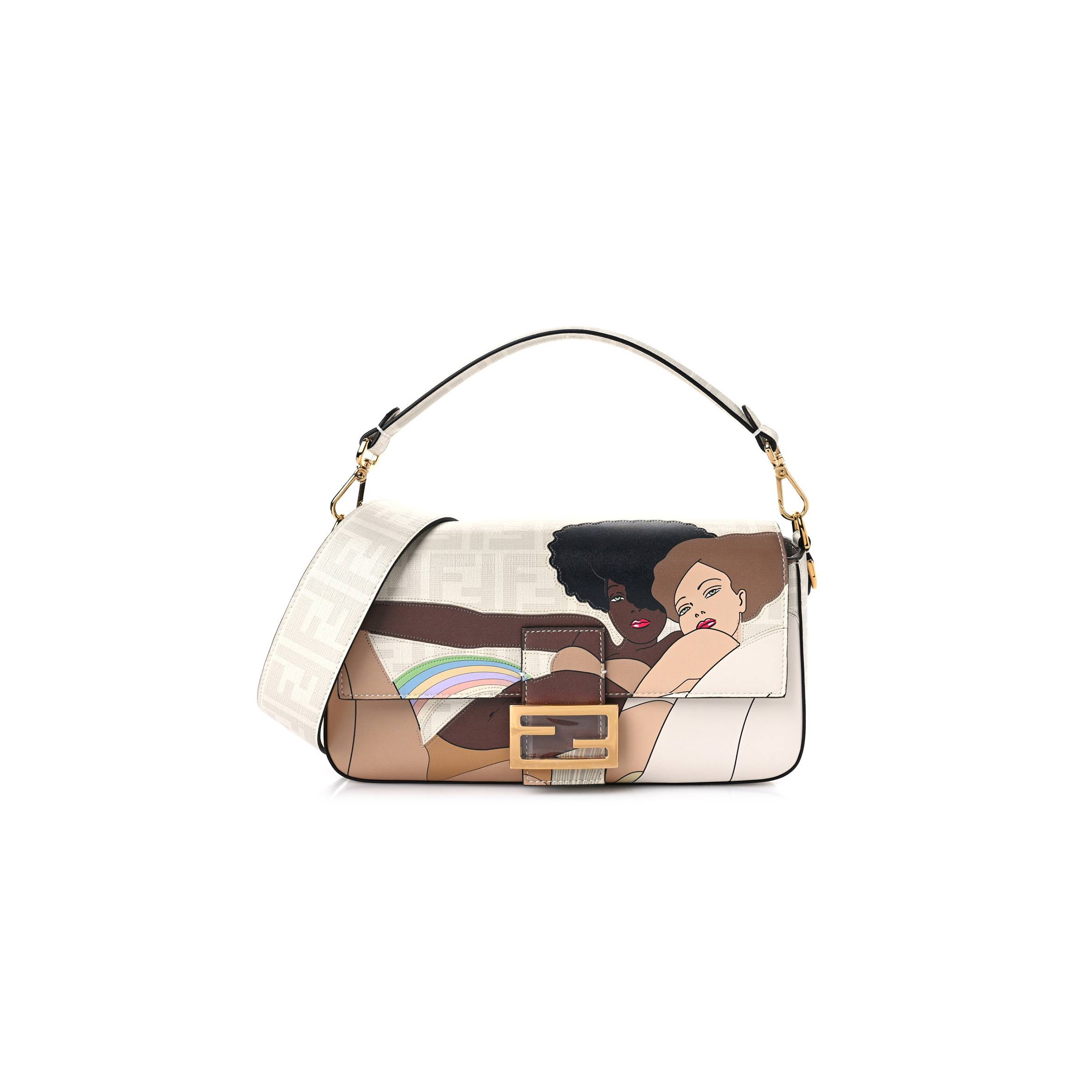 FENDI GLAZED FABRIC FF BIKINI GIRLS BAGUETTE BIANCO PERLA MULTICOLOR (27*15*6cm) FENDI GLAZED FABRIC FF BIKINI GIRLS BAGUETTE BIANCO PERLA MULTICOLOR (27*15*6cm)