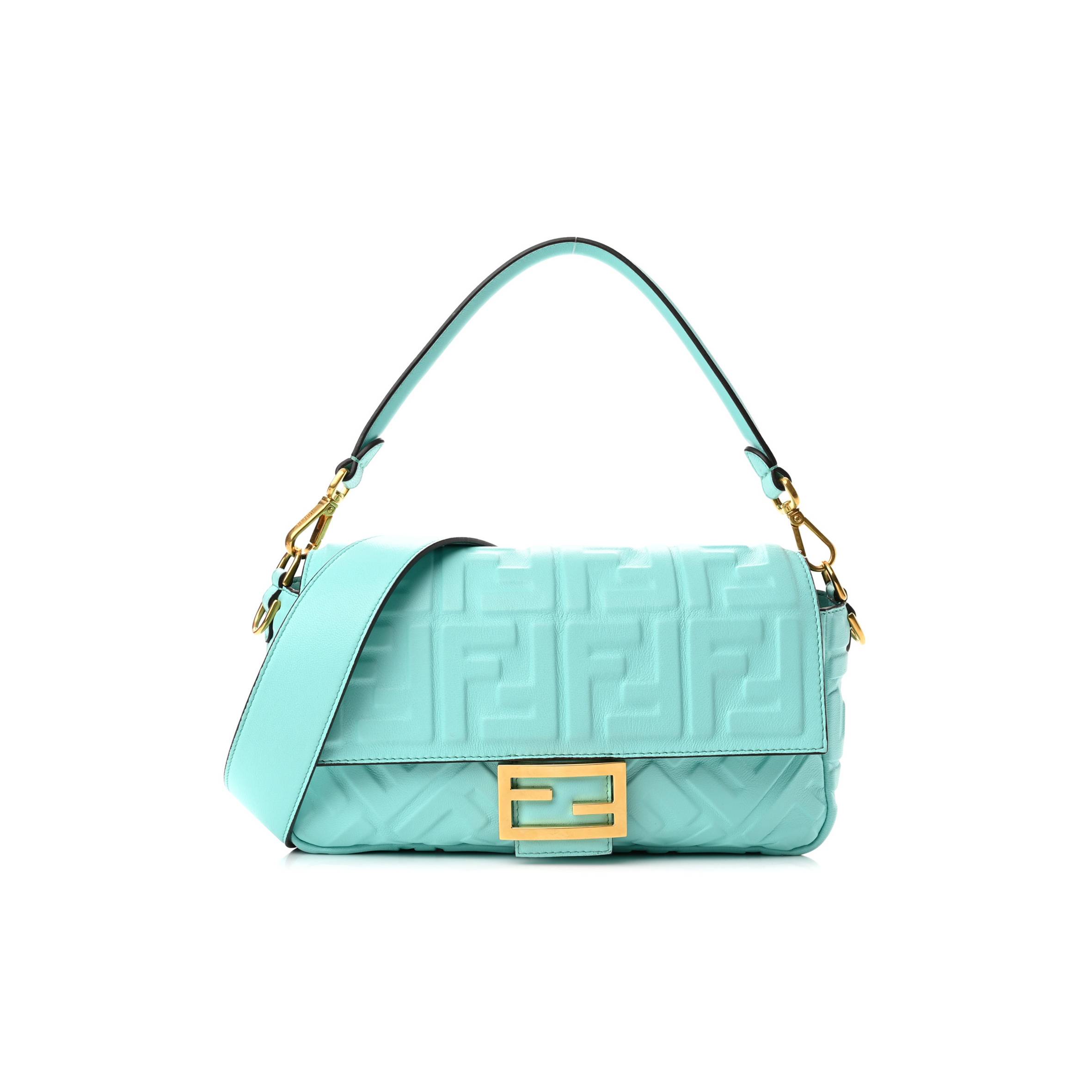 FENDI NAPPA FF 1974 EMBOSSED BAGUETTE SPRING TURQUOISE (25*15*5cm) FENDI NAPPA FF 1974 EMBOSSED BAGUETTE SPRING TURQUOISE (25*15*5cm)