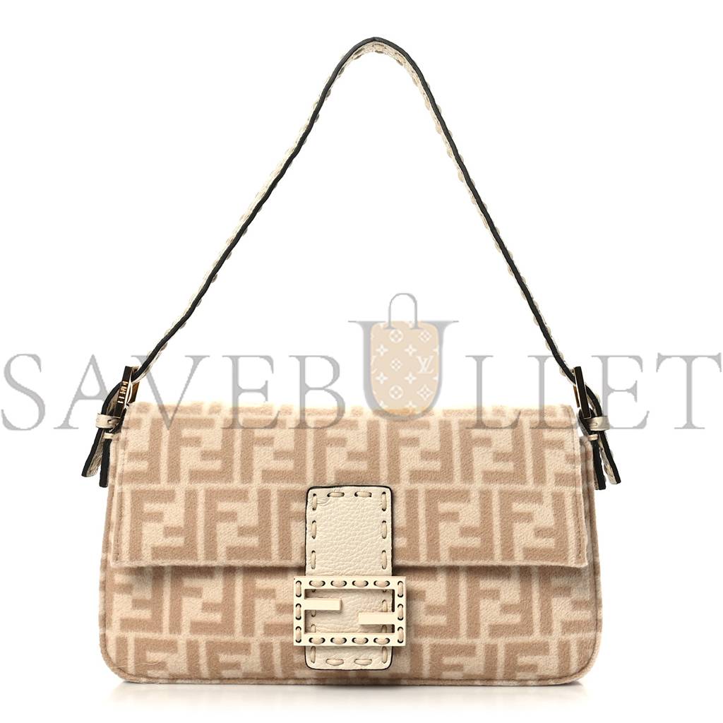FENDI WOOL CUOIO ROMANO SELLERIA FF 1974 BAGUETTE 1997 BEIGE CAMMELLO CAMELIA (27*15*6cm) FENDI WOOL CUOIO ROMANO SELLERIA FF 1974 BAGUETTE 1997 BEIGE CAMMELLO CAMELIA (27*15*6cm)
