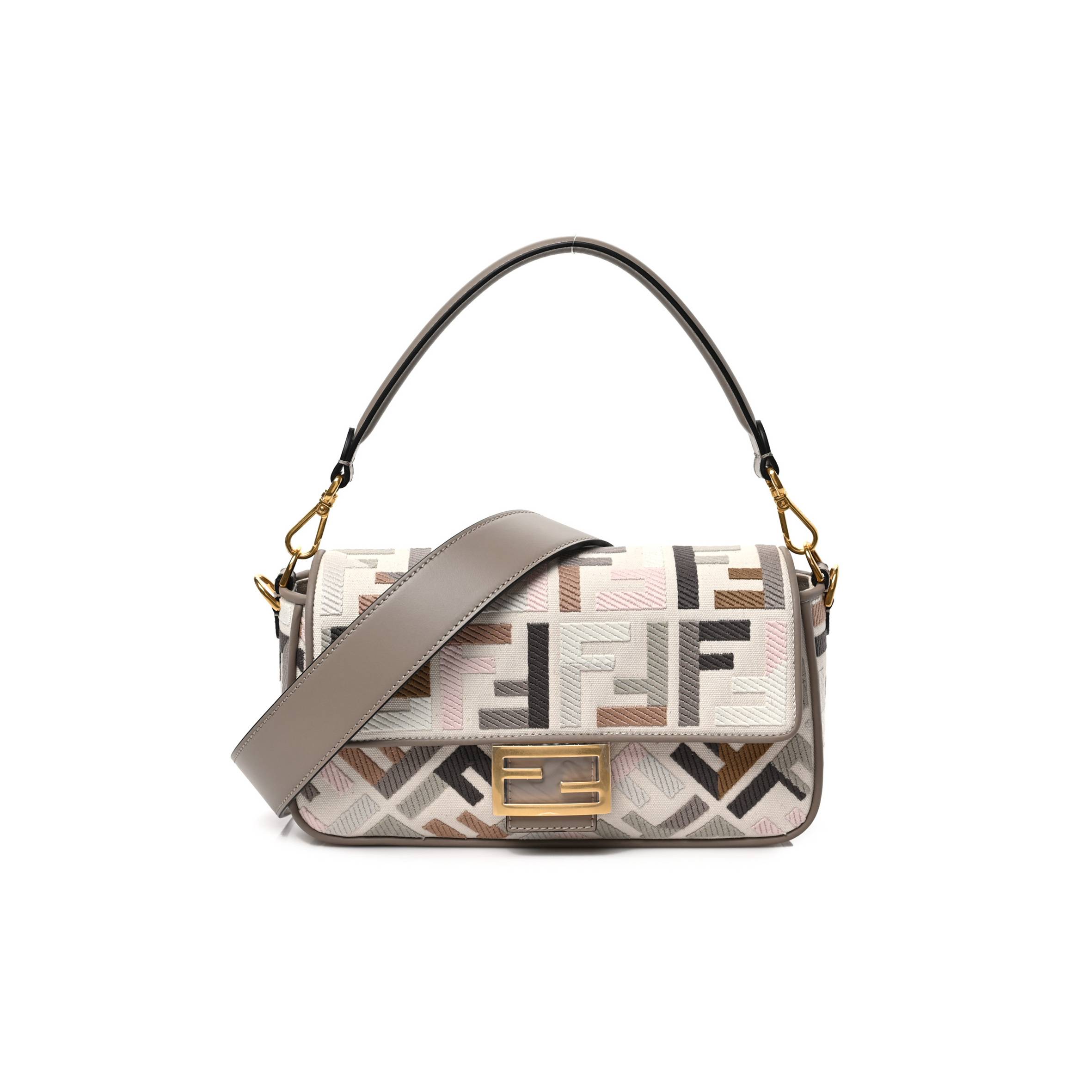 FENDI CANVAS VITELLO SETA FF MULTICOLOR EMBROIDERED BAGUETTE GREZZO MULTICOLOR TORTORA (28*16*6cm) FENDI CANVAS VITELLO SETA FF MULTICOLOR EMBROIDERED BAGUETTE GREZZO MULTICOLOR TORTORA (28*16*6cm)