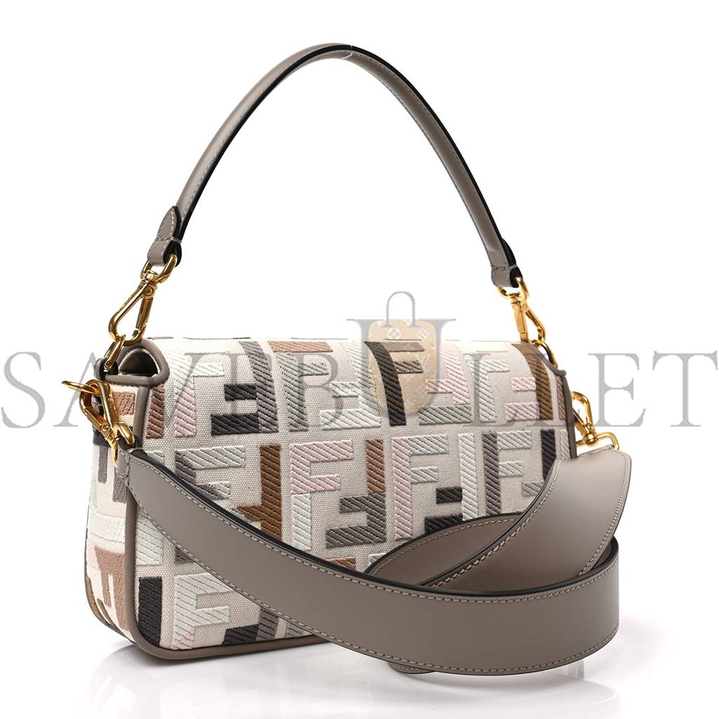 FENDI CANVAS VITELLO SETA FF MULTICOLOR EMBROIDERED BAGUETTE GREZZO MULTICOLOR TORTORA (28*16*6cm) FENDI CANVAS VITELLO SETA FF MULTICOLOR EMBROIDERED BAGUETTE GREZZO MULTICOLOR TORTORA (28*16*6cm)