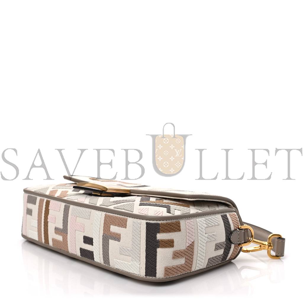FENDI CANVAS VITELLO SETA FF MULTICOLOR EMBROIDERED BAGUETTE GREZZO MULTICOLOR TORTORA (28*16*6cm) FENDI CANVAS VITELLO SETA FF MULTICOLOR EMBROIDERED BAGUETTE GREZZO MULTICOLOR TORTORA (28*16*6cm)
