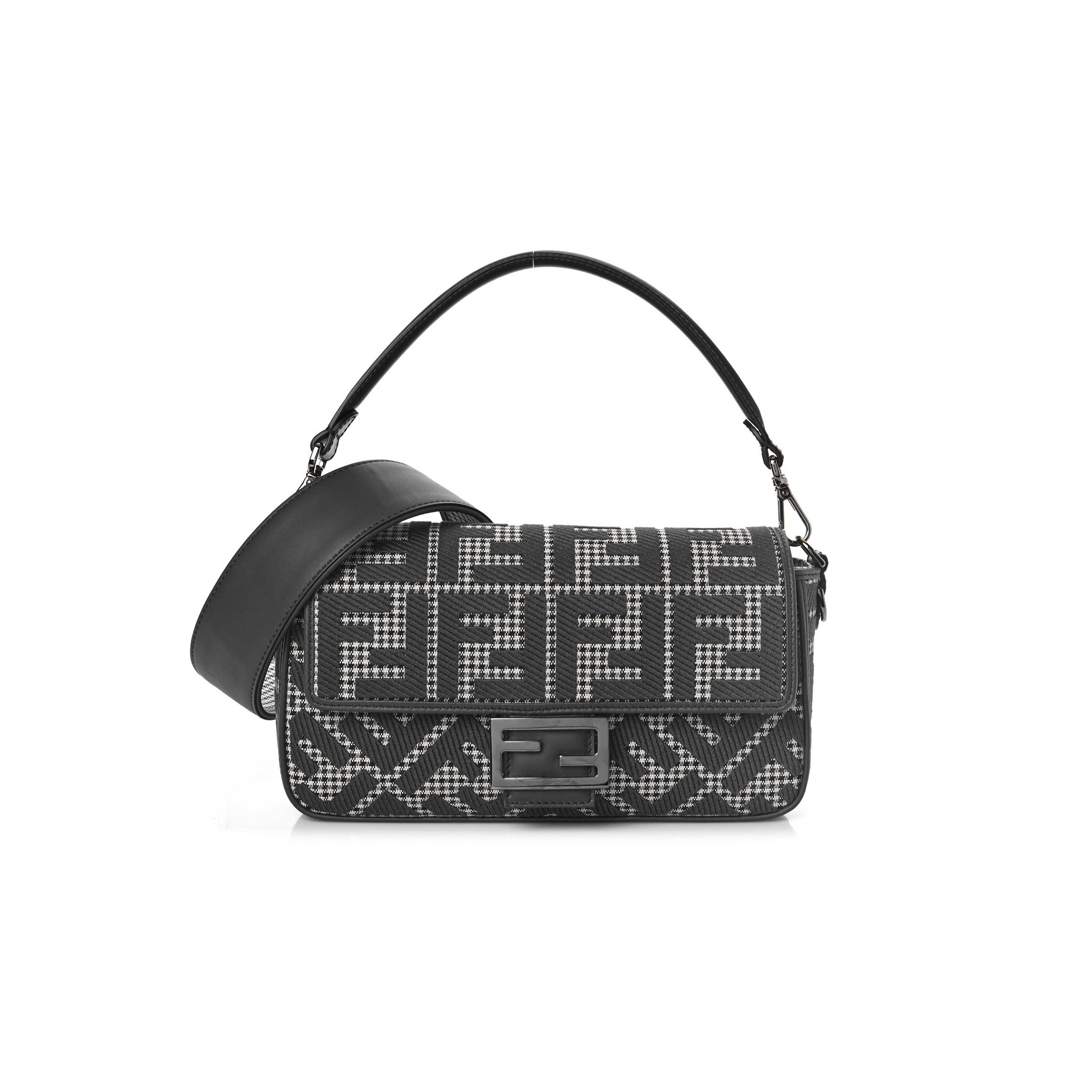 FENDI WOOL VITELLO KING HOUNDSTOOTH FF EMBROIDERED BAGUETTE GRIGIO ANTHRACITE (27*17*6cm) FENDI WOOL VITELLO KING HOUNDSTOOTH FF EMBROIDERED BAGUETTE GRIGIO ANTHRACITE (27*17*6cm)