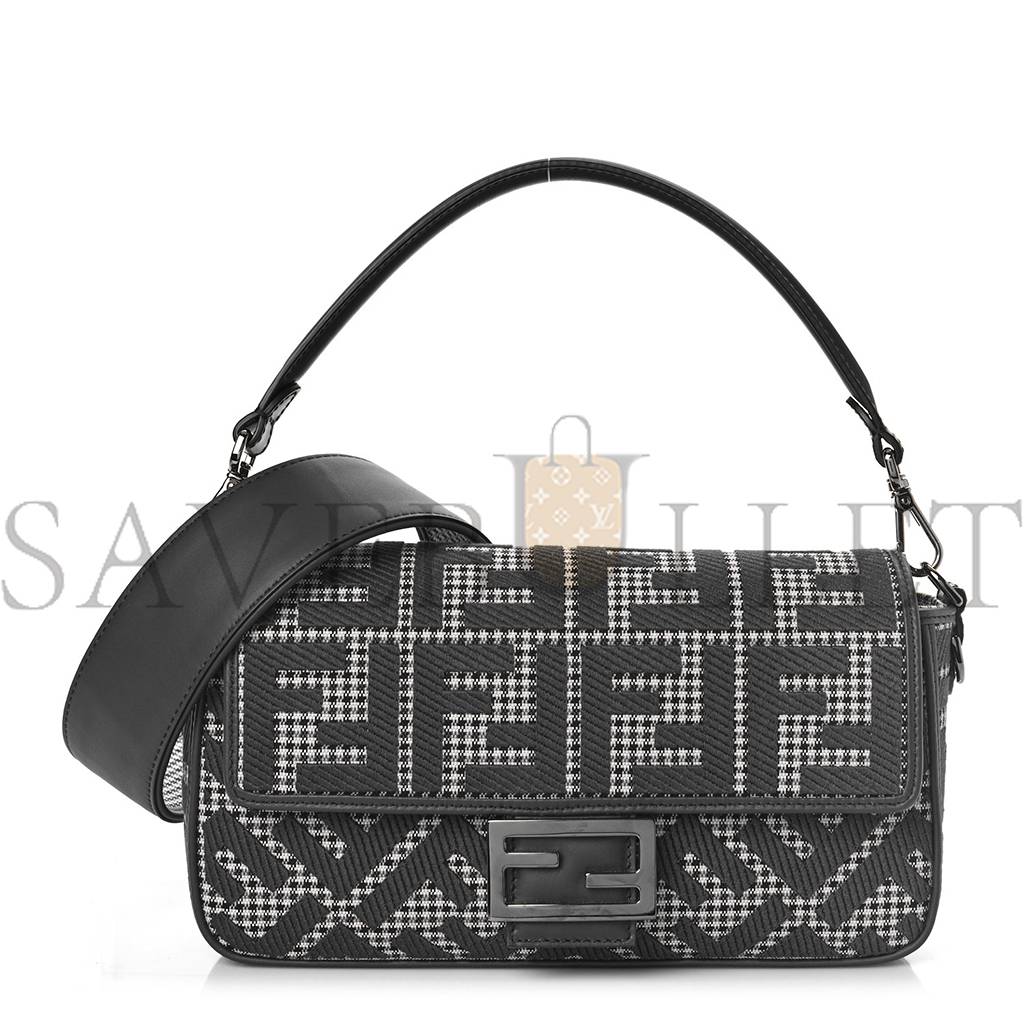 FENDI WOOL VITELLO KING HOUNDSTOOTH FF EMBROIDERED BAGUETTE GRIGIO ANTHRACITE (27*17*6cm) FENDI WOOL VITELLO KING HOUNDSTOOTH FF EMBROIDERED BAGUETTE GRIGIO ANTHRACITE (27*17*6cm)